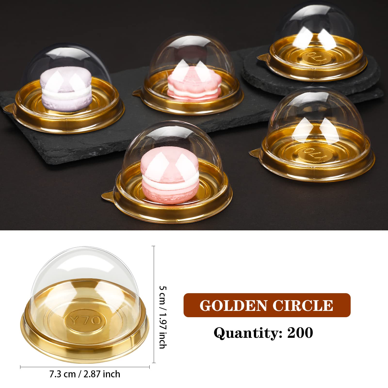 200 Clear Plastic Mini Cupcake Boxes with Dome Lids - 2.87 x 2.87 x 1.97 Inch Gold Containers for Muffins, Cheese & Pastries - Perfect for Wedding, Birthday Party Favors & Gift Packaging Supplies