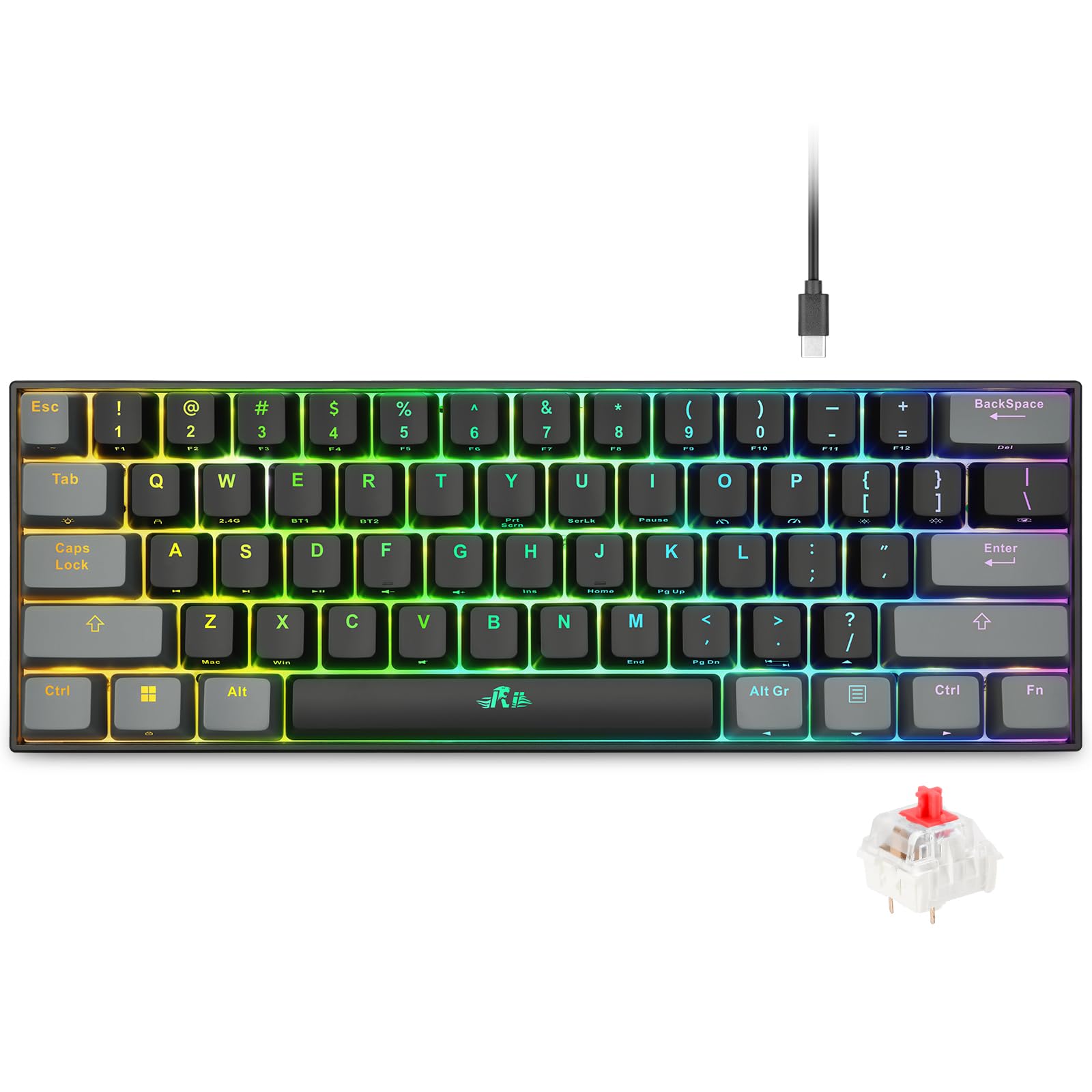 Rii 60% Compact Mechanical Gaming Keyboard - Bluetooth 5.0/Wired USB-C/2.4GHz Wireless, RGB Backlit, Linear Red Switches, PBT Keycaps, QMK/VIA Programmable for Windows/Mac/PC/Laptop (Black) - Perfect for Esports, Office Work & Travel