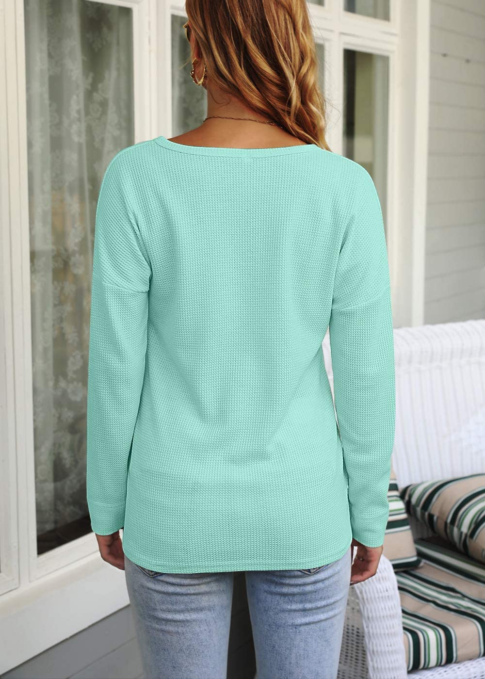 WNEEDU Women's Waffle Knit Tunic Top - Loose Fit Long Sleeve Button Up V-Neck Henley Shirt for Casual Wear, Office & Fall Outfits