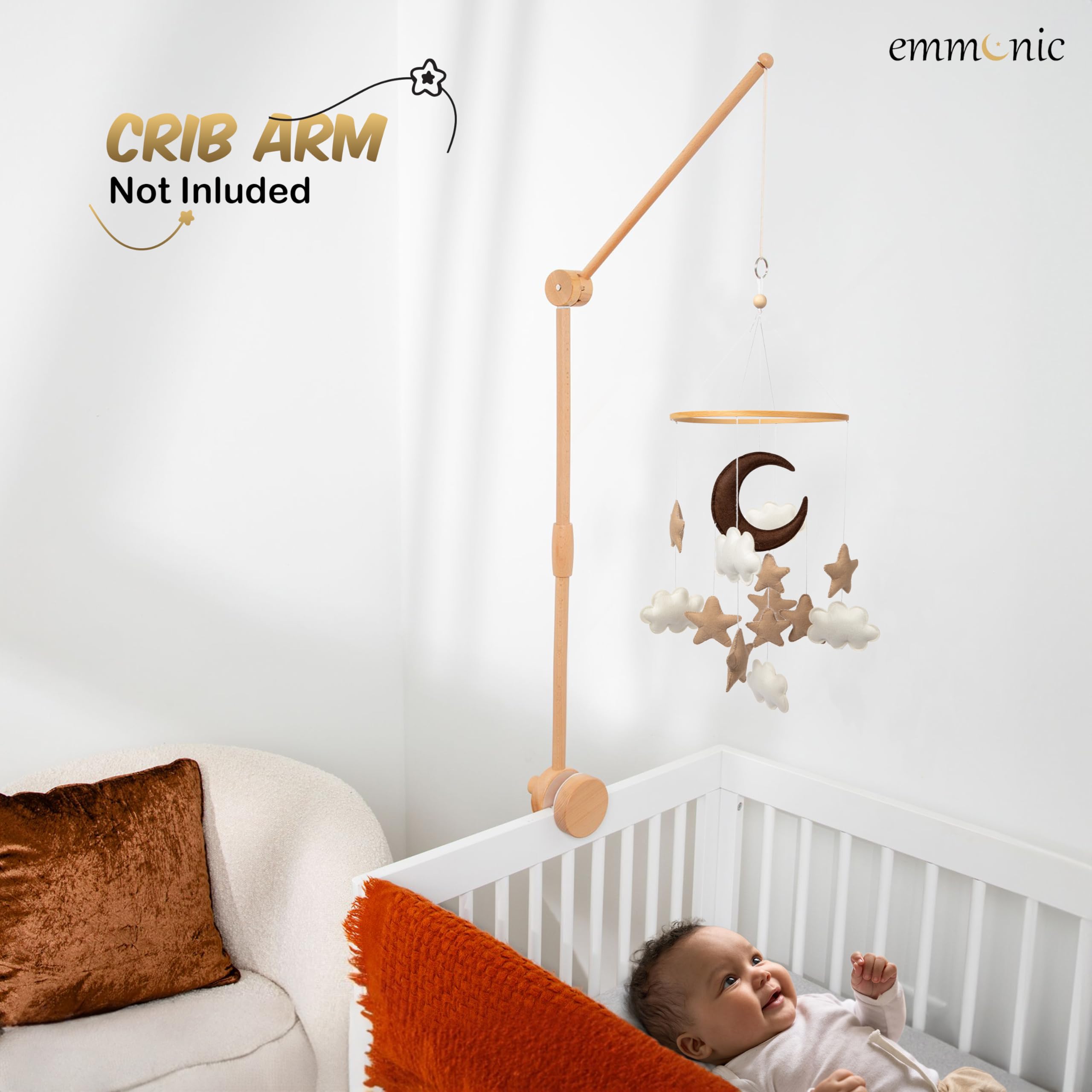 Brown Moon Stars & Beige Clouds Felt Baby Crib Mobile - Gender Neutral Nursery Decor for Boys & Girls - Modern Boho Crib Mobile for Baby Showers, Newborn Photography & Nursery Room Decor
