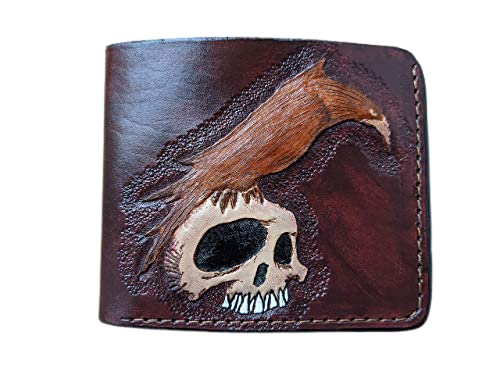 Handmade 3D Carved Genuine Leather Biker Wallet for Men - Custom Personalized Crow Design Long Wallet - Perfect for Motorcycle Riders, Gift Giving & Everyday Use