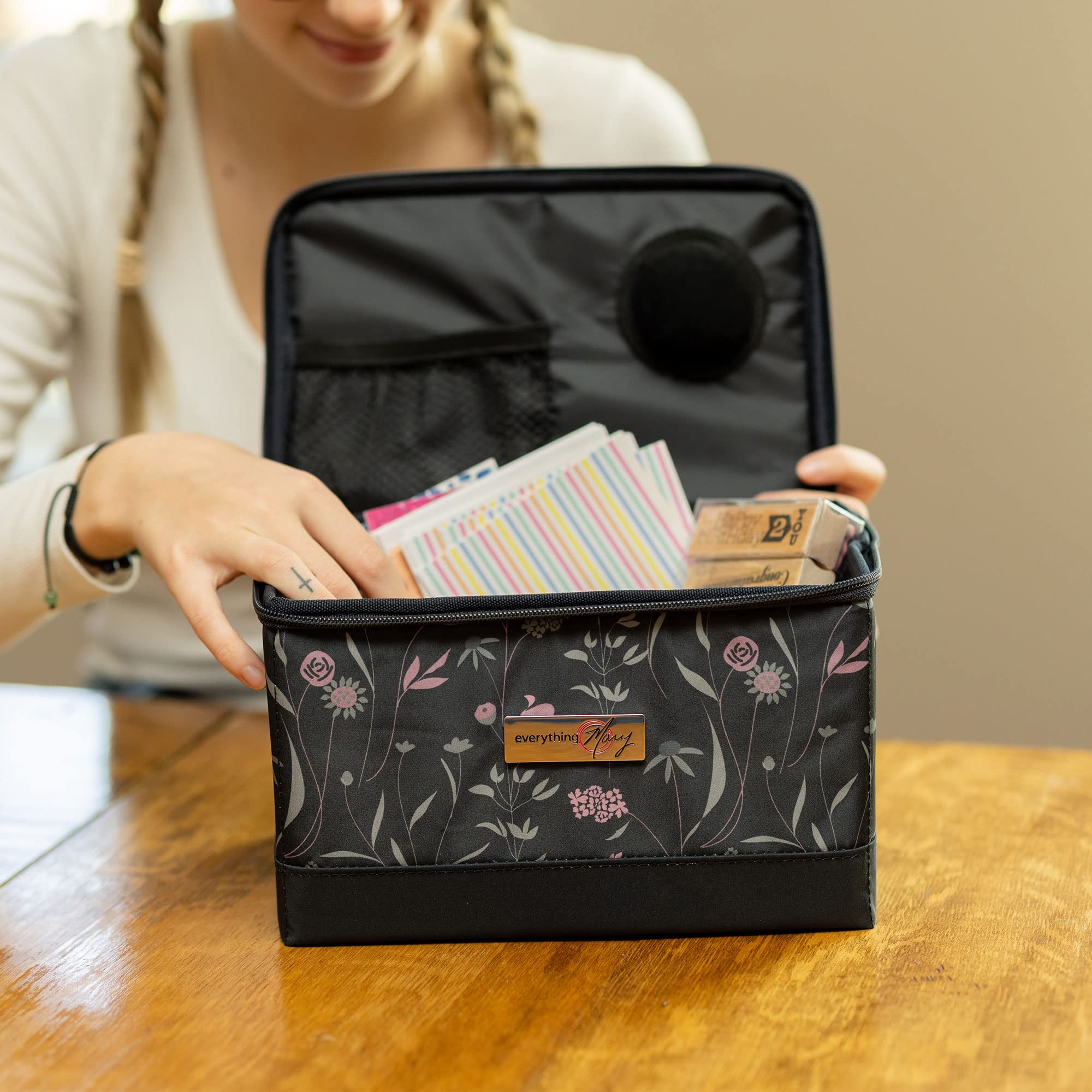 Everything Mary Collapsible Sewing Kit Organizer Box - Pink & Grey Floral Storage Basket for Thread, Needles, Scissors & Sewing Notions | Portable Craft Supplies Organizer for Travel, Home & DIY Projects