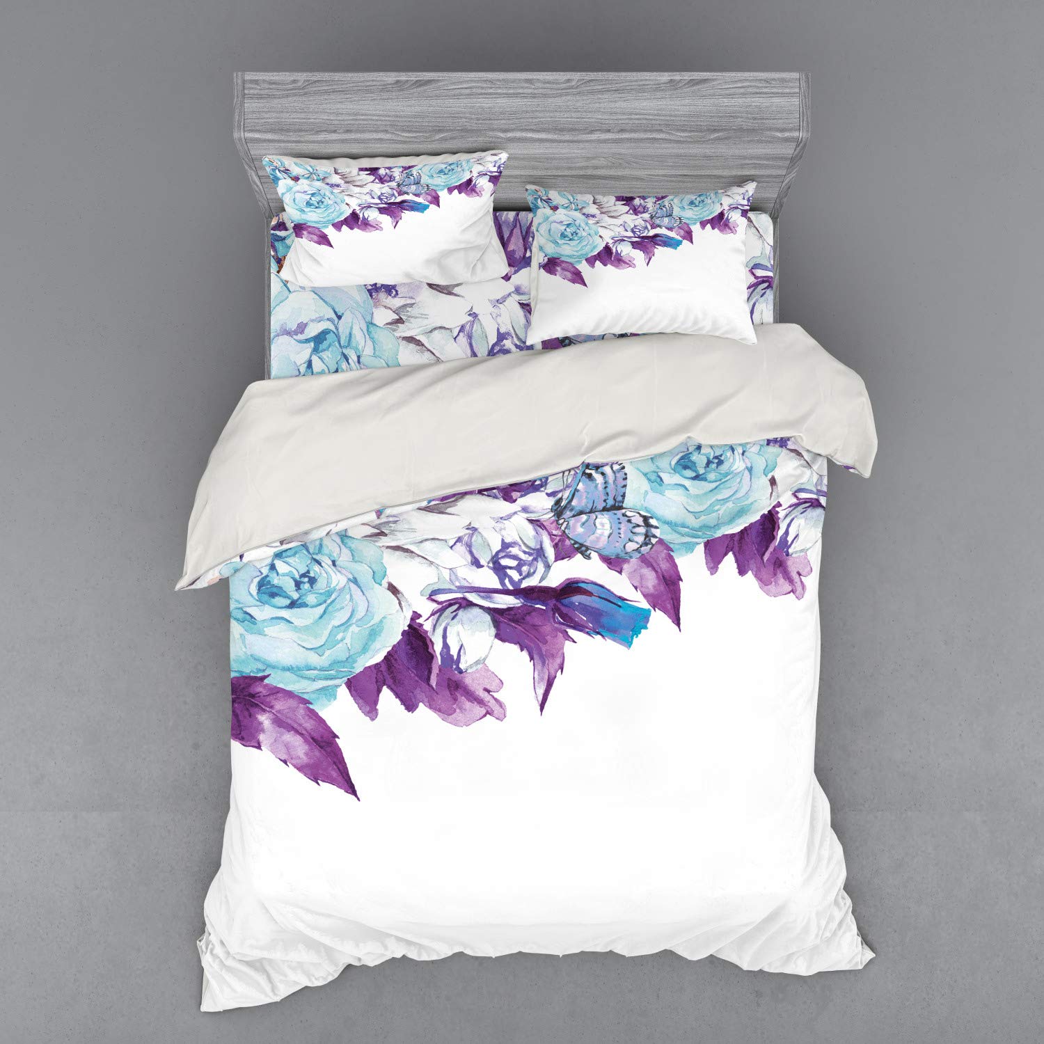 Ambesonne Floral Bedding Set 4-Piece Queen - Vintage Flower Petals Duvet Cover with Shams & Fitted Sheet in Pale Blue Purple | Bridal Wedding Decor, Shabby Chic Bedroom, Romantic Home Decor