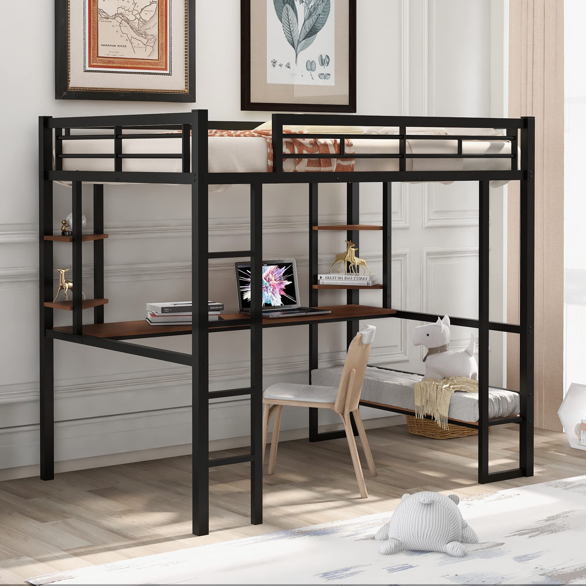 Harper & Bright Designs Full Metal Loft Bed Frame with Built-in Desk & Storage Shelves - Heavy Duty Steel Construction for Kids, Teens & Adults - Space-Saving Black Bedroom Furniture for Small Rooms, Dorms & Apartments