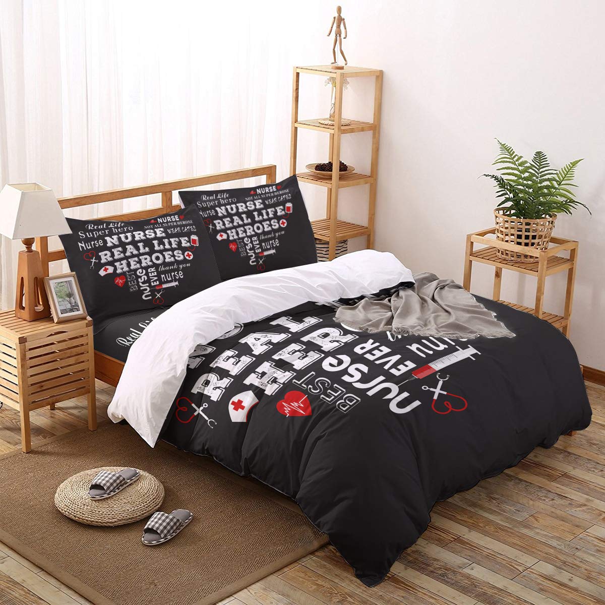 4-Piece Queen Size Duvet Cover Set - Ultra Soft Quilted Bedding with 2 Pillowcases - Perfect Gift for Nurses & Healthcare Heroes - Black Elegant Design - Ideal for Home, Dorm, or Hospital Use