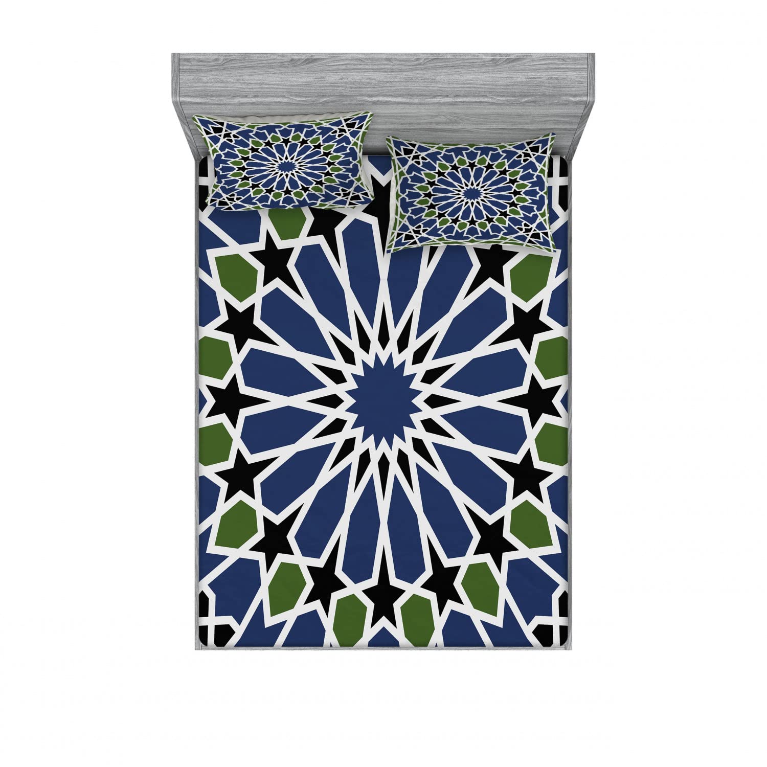 Ambesonne 2-Piece Queen Fitted Sheet Set with 4 Pillow Shams - Oriental Mandala Pattern Bedding in Olive Green & Dark Blue - Soft Wrinkle-Resistant Fabric for Master Bedroom, Guest Room & Dorm Decor