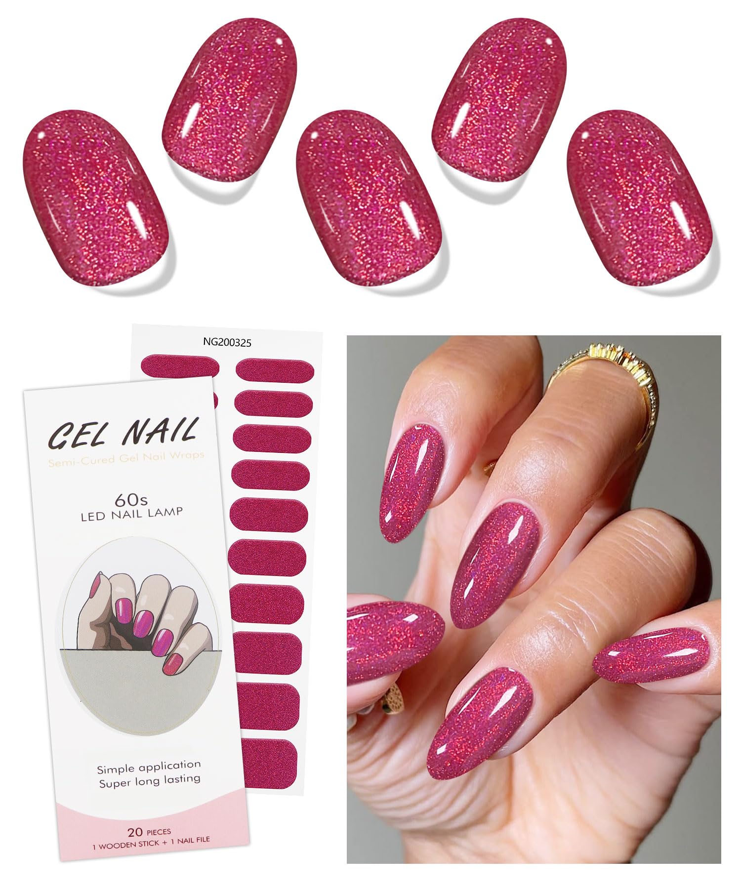 JMEOWIO Red Glitter Semi-Cured Gel Nail Strips - DIY UV/LED Gel Nail Stickers for Salon-Quality Manicures at Home | Perfect for Parties, Weddings & Special Occasions