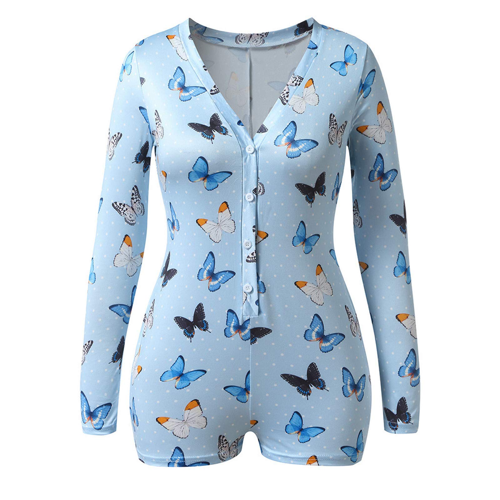 Forwelly Women's Shorts Jumpsuit - Fashion Butterfly Print V-Neck Long Sleeve Romper Pajamas for Sleepwear, Lounge & Summer Outfits