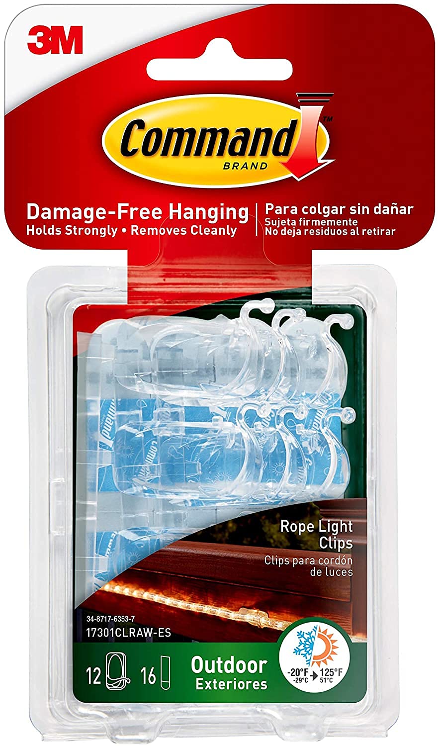 Command Outdoor Rope Light Clips with Foam Strips - Clear 3 Pack (36 Clips Total) - Damage-Free Hanging for Christmas Lights, Patio & Garden Decor - 17301CLRAW-ES