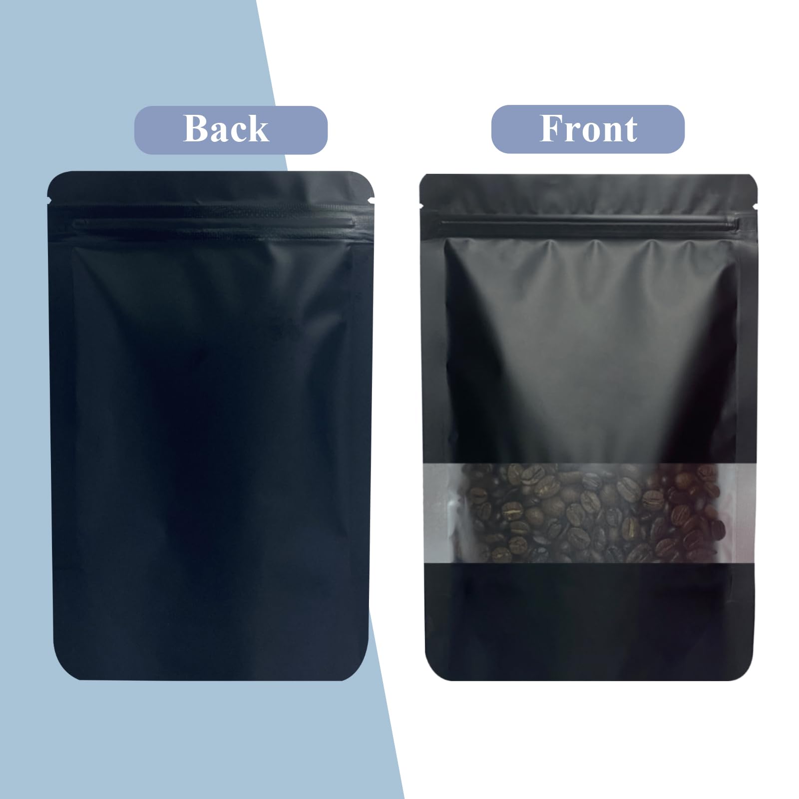 50 Pcs 6x9 Inch Smell Proof Stand Up Pouches - Resealable Mylar Bags with Window & Zipper for Food Storage | Coffee, Snacks, Baked Goods Packaging | Ideal for Small Business, Home Kitchen & Travel (Black)