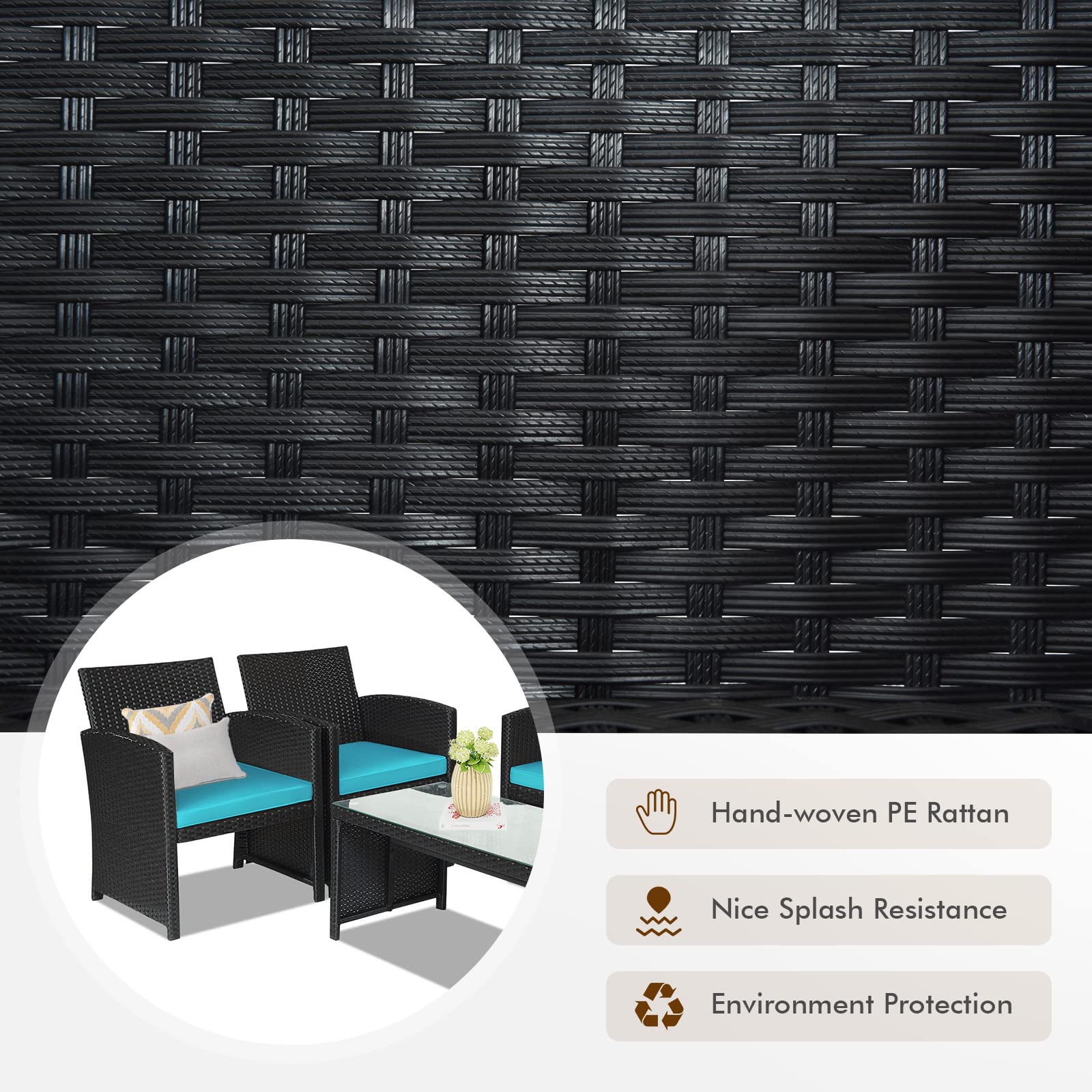 Goplus 4-Piece Rattan Patio Furniture Set - Outdoor Wicker Sofa & Coffee Table with Soft Cushions & Tempered Glass - Turquoise Conversation Set for Balcony, Garden, Backyard, Poolside & Outdoor Entertaining