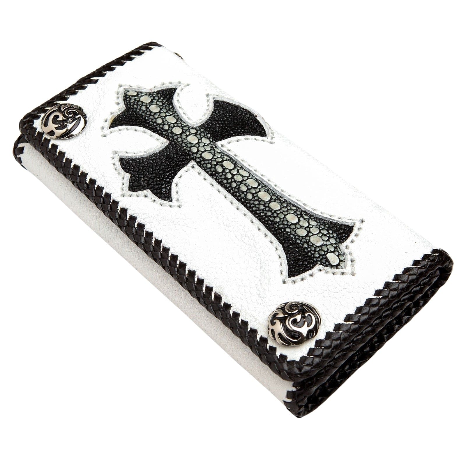 Stingray Cross Carved Genuine White Leather Biker Wallet for Men - Stylish RFID Blocking Motorcycle Wallet with Money Clip (Perfect for Bikers, Travel & Everyday Use)