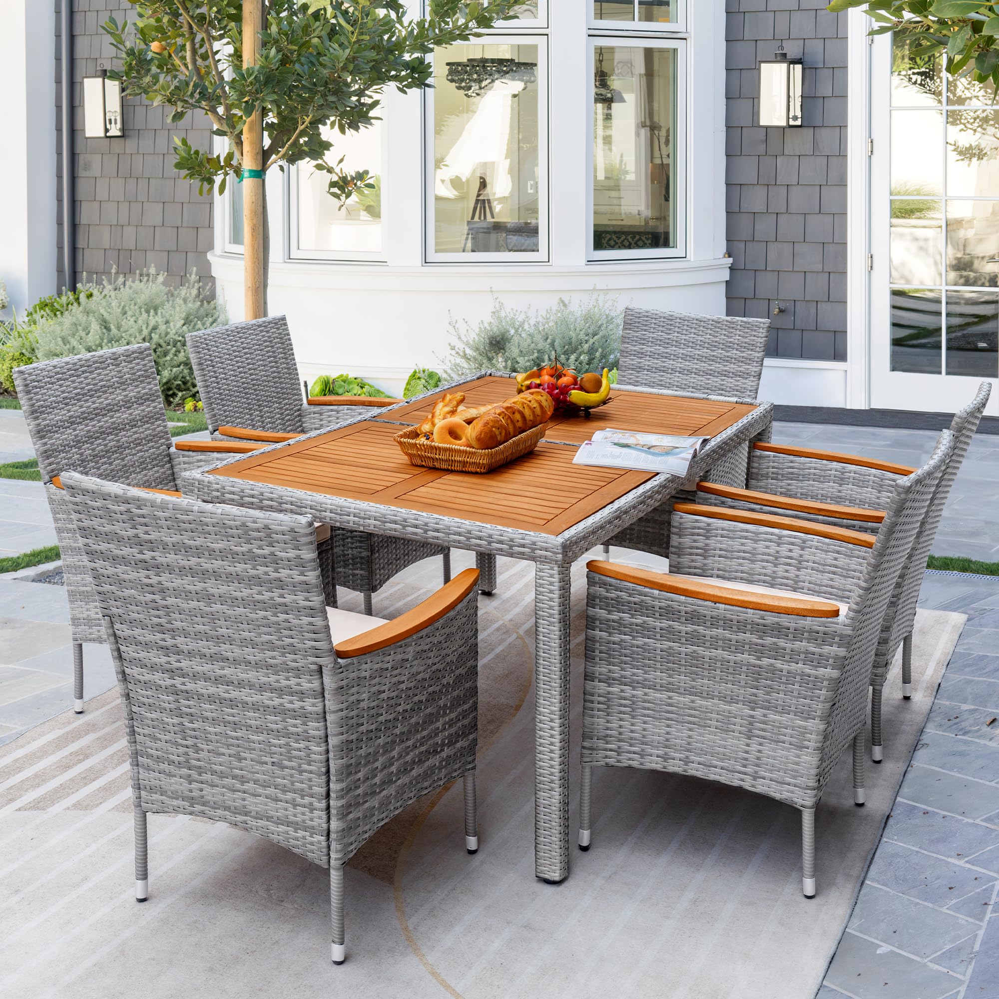 Premium 7-Piece Acacia Wood Patio Dining Set with Soft Cushions - Outdoor Wicker Furniture for Deck, Backyard & Garden - Weather-Resistant Grey Set for Al Fresco Dining & Entertaining