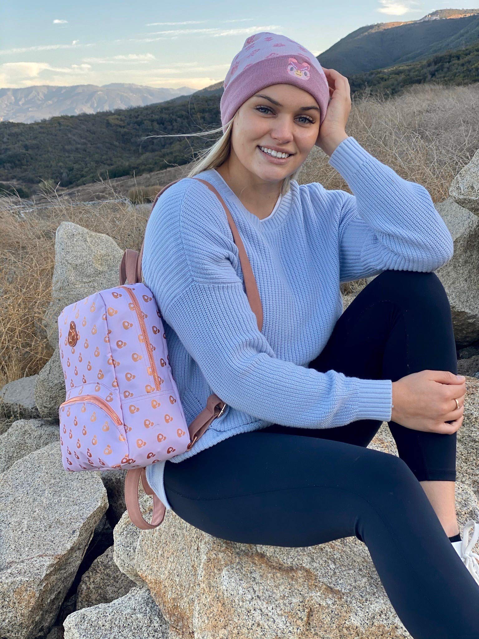 Official Nintendo Animal Crossing Collectors Set - Rose Gold Island Mini Backpack Switch Case, Celeste Floral Knit Beanie & Lapel Pins for Nintendo Switch | Perfect for Gaming, Cosplay & Collectors