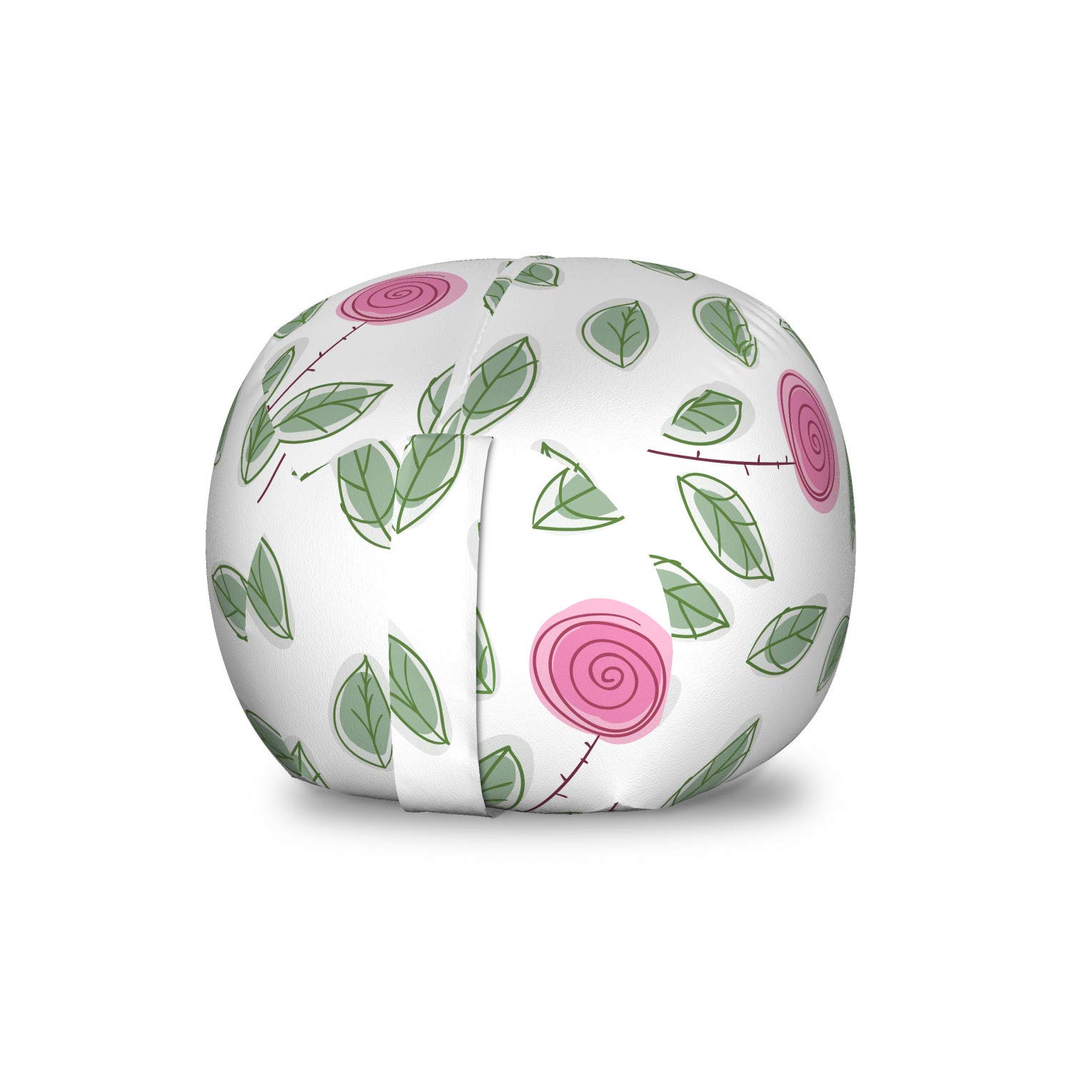Ambesonne Pink Rose Storage Toy Bag Chair - Modern Floral Pattern with Spiral Designs & Green Leaves, Washable Stuffed Animal Organizer for Kids Room, Nursery or Playroom - Small Size (Pink/Reseda Green/White) - Perfect for Toy Storage, Reading Nook or Kids Bedroom Decor
