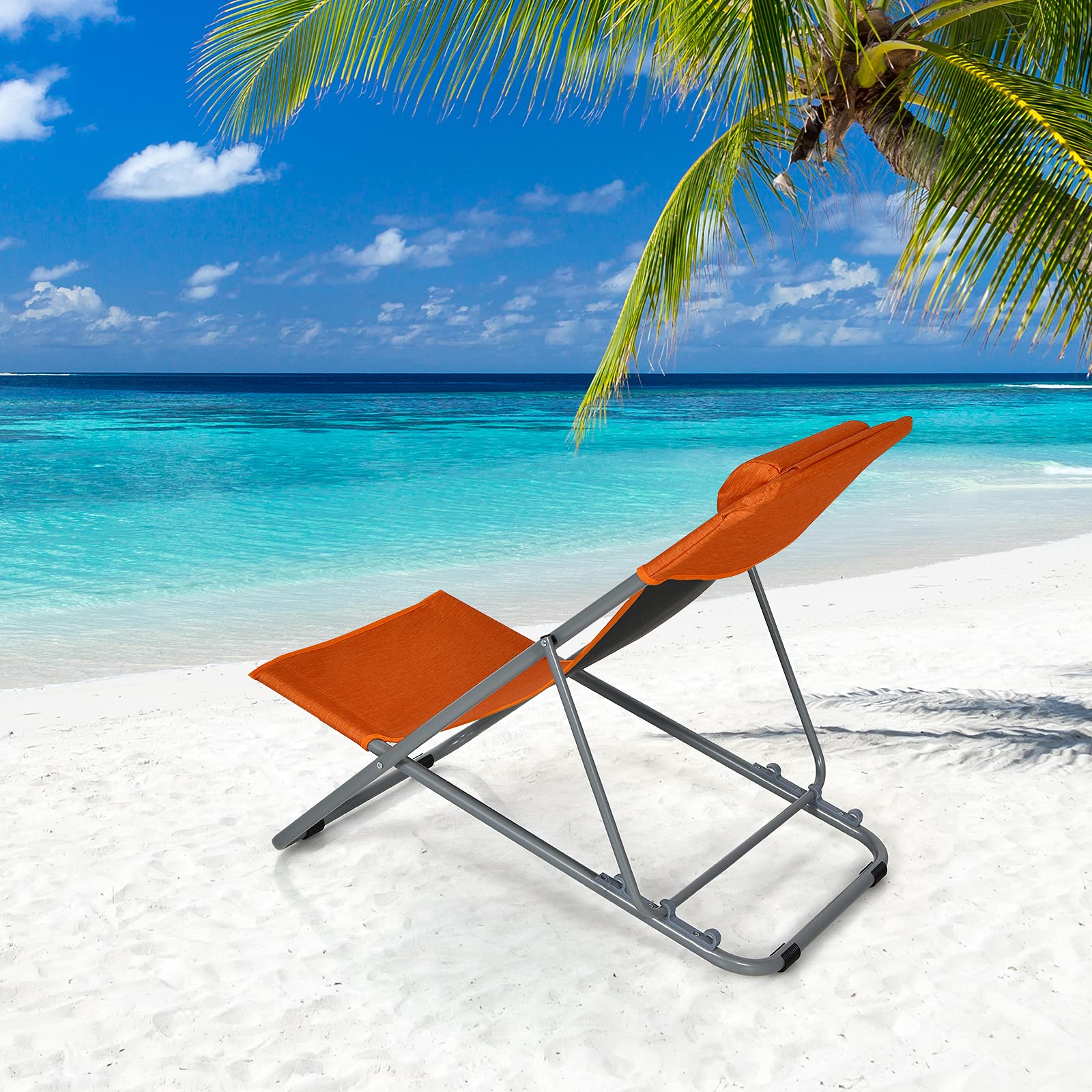 Goplus 2-Pack Beach Sling Chairs for Adults - Portable Folding Camping Chairs with 3-Position Adjustable Backrest & Comfortable Headrest - Heavy Duty Outdoor Lounge Chairs for Beach, Poolside, Backyard, and Camping (Orange)