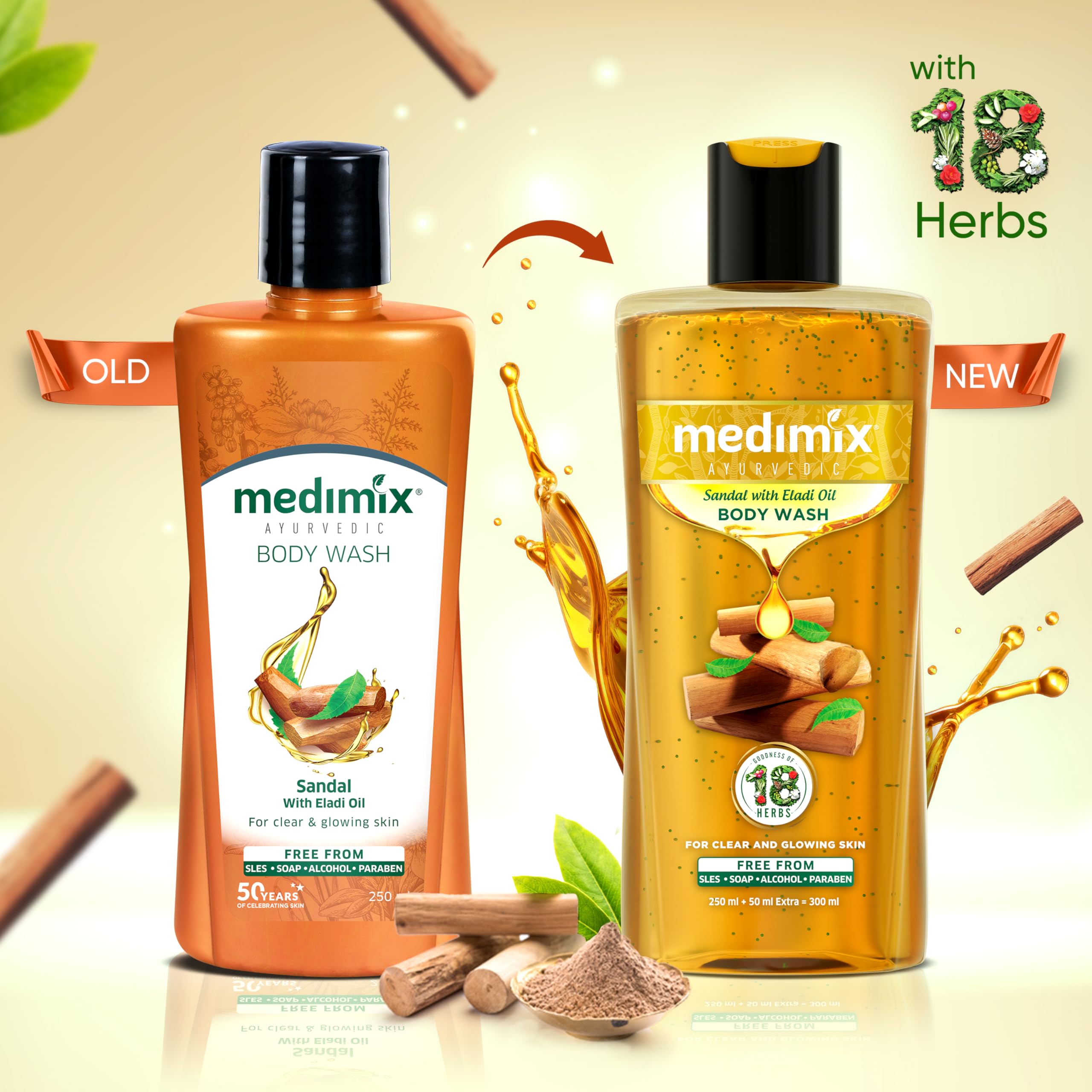 Medimix Ayurvedic Body Wash with Sandal & Eladi Oil - 250ml + 50ml | Herbal Shower Gel for Clear, Glowing & Tan-Free Skin | Paraben & Sulfate Free | Perfect for Daily Skincare & Relaxing Bath Time
