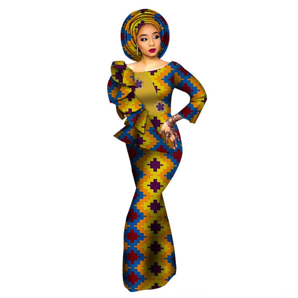 African Print Maxi Dress for Women - Elegant Long Sleeve Ruffle Mermaid Dress with Matching Headwrap | Perfect for Weddings, Parties & Cultural Events