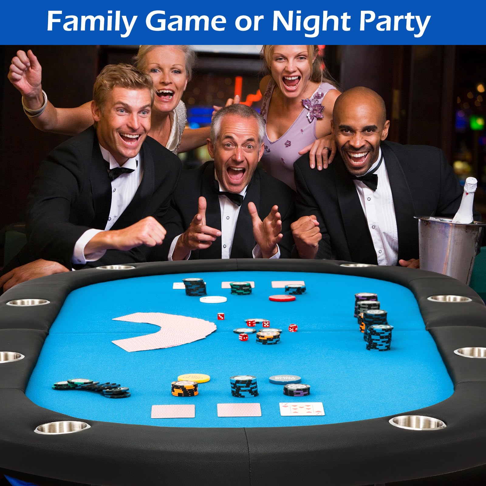 ECOTOUGE 8-Player Foldable Poker Table with Stainless Steel Cup Holders & Carrying Bag - Portable Texas Holdem Blackjack Casino Game Table (Blue, Pre-Assembled) - Perfect for Home Game Nights, Poker Parties & Casino-Themed Events