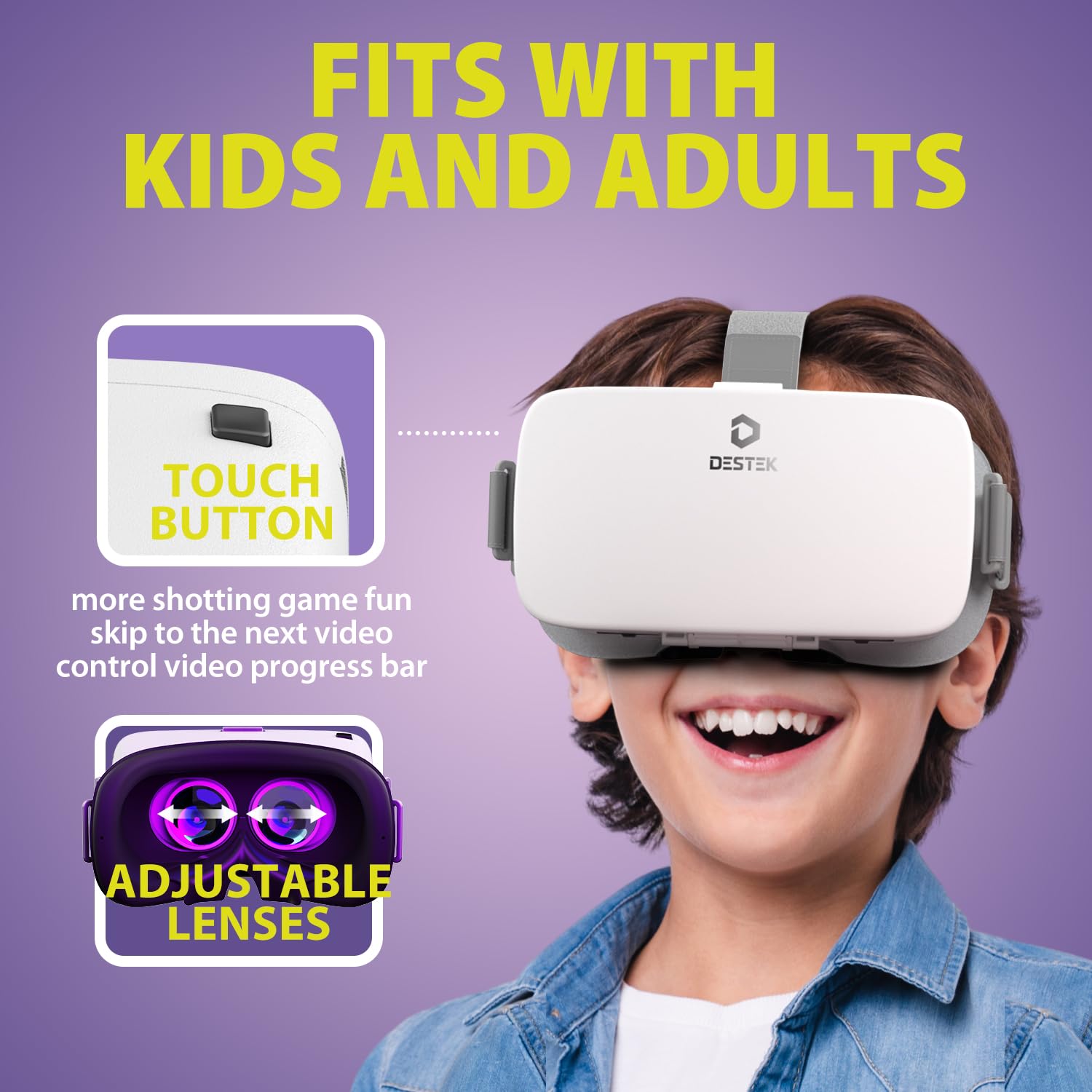 DESTEK V5 VR Headset for iPhone 15/14/13/12/11 & Samsung Android Phones - Wireless Controller, Anti-Blue Light HD Lenses, 110° FOV Virtual Reality Goggles (White) - Perfect for Gaming, Movies & 3D Experiences