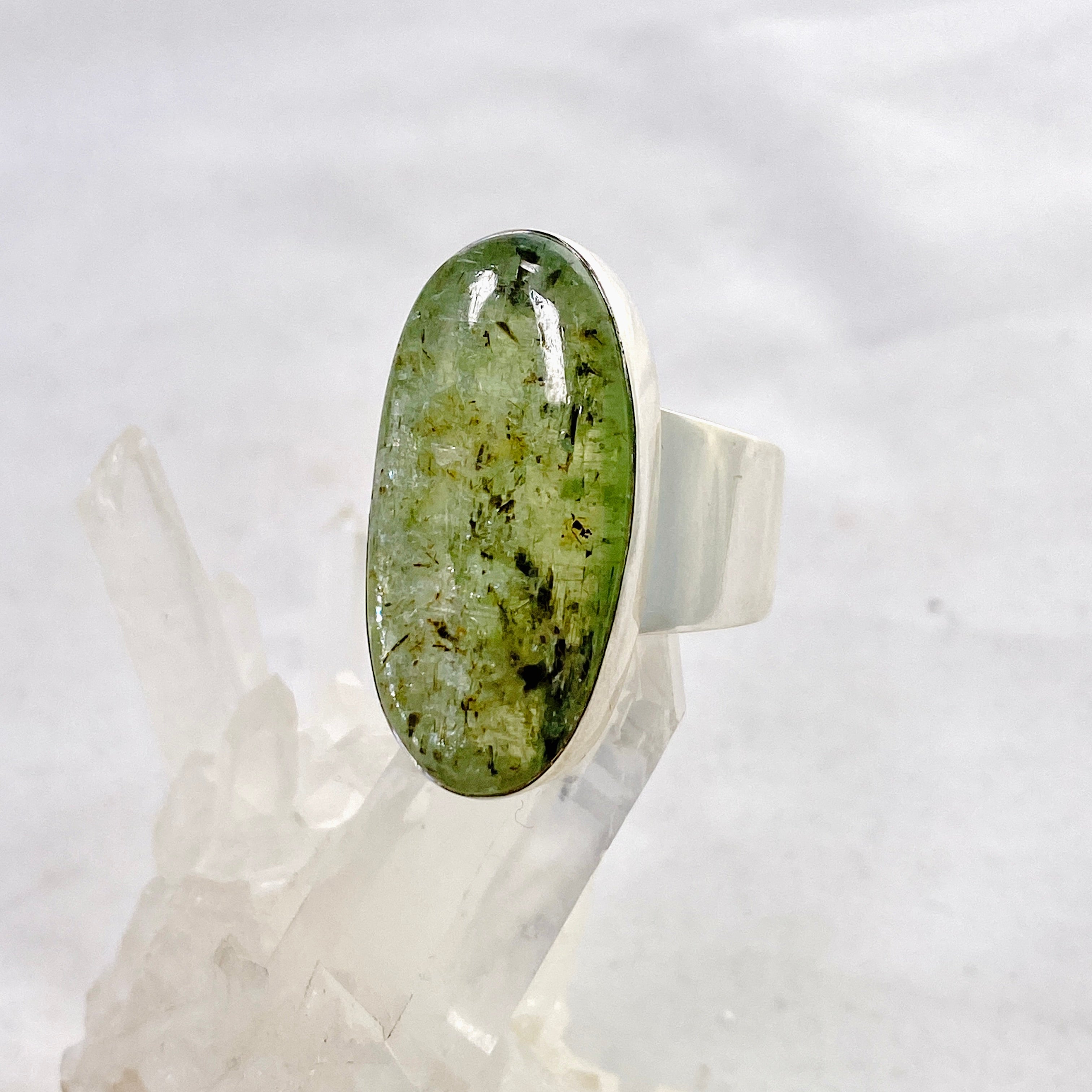 Natural Green Kyanite Oval Cabochon Ring - Size 11 (KRGJ3290) | Healing Crystal Jewelry for Meditation & Energy Balancing