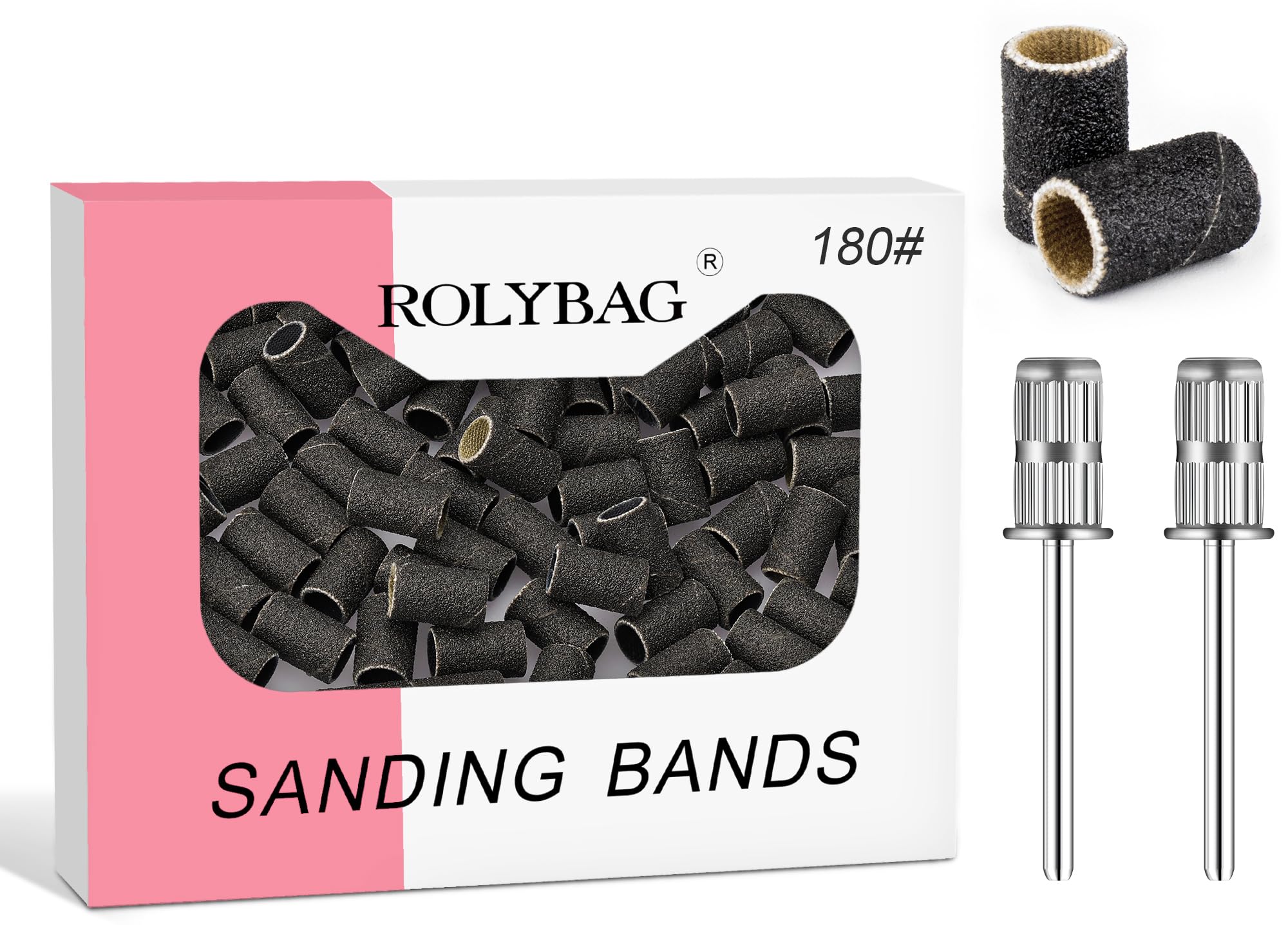 180# Professional Nail Sanding Bands for Nail Drill - 100 Fine Grit Sanding Bands with Storage Box & 2 Mandrels (Fits 3/32