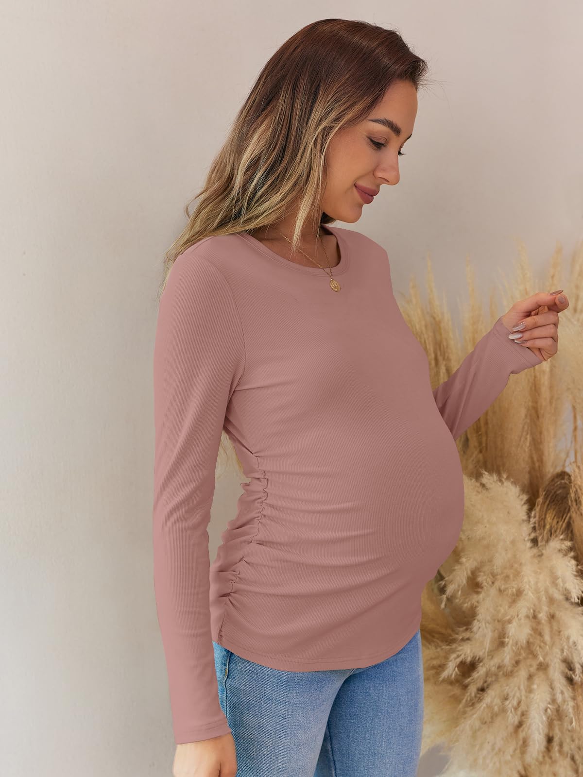 Women's Maternity Long Sleeve Ribbed Knit Blouse - Slim Fitted Crew Neck Pregnancy Top with Side Ruched Design | Perfect for Fall Season & Office Wear