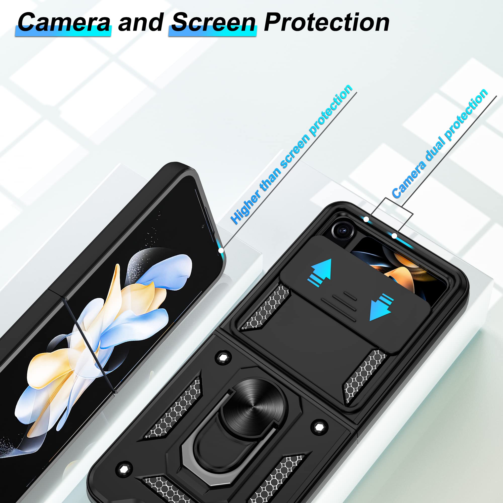 **Military Grade Samsung Galaxy Z Flip 4 Case with Slide Camera Cover & 360° Rotating Ring Kickstand - Shockproof Protective Cover for Everyday Use, Travel, and Work (Black)**