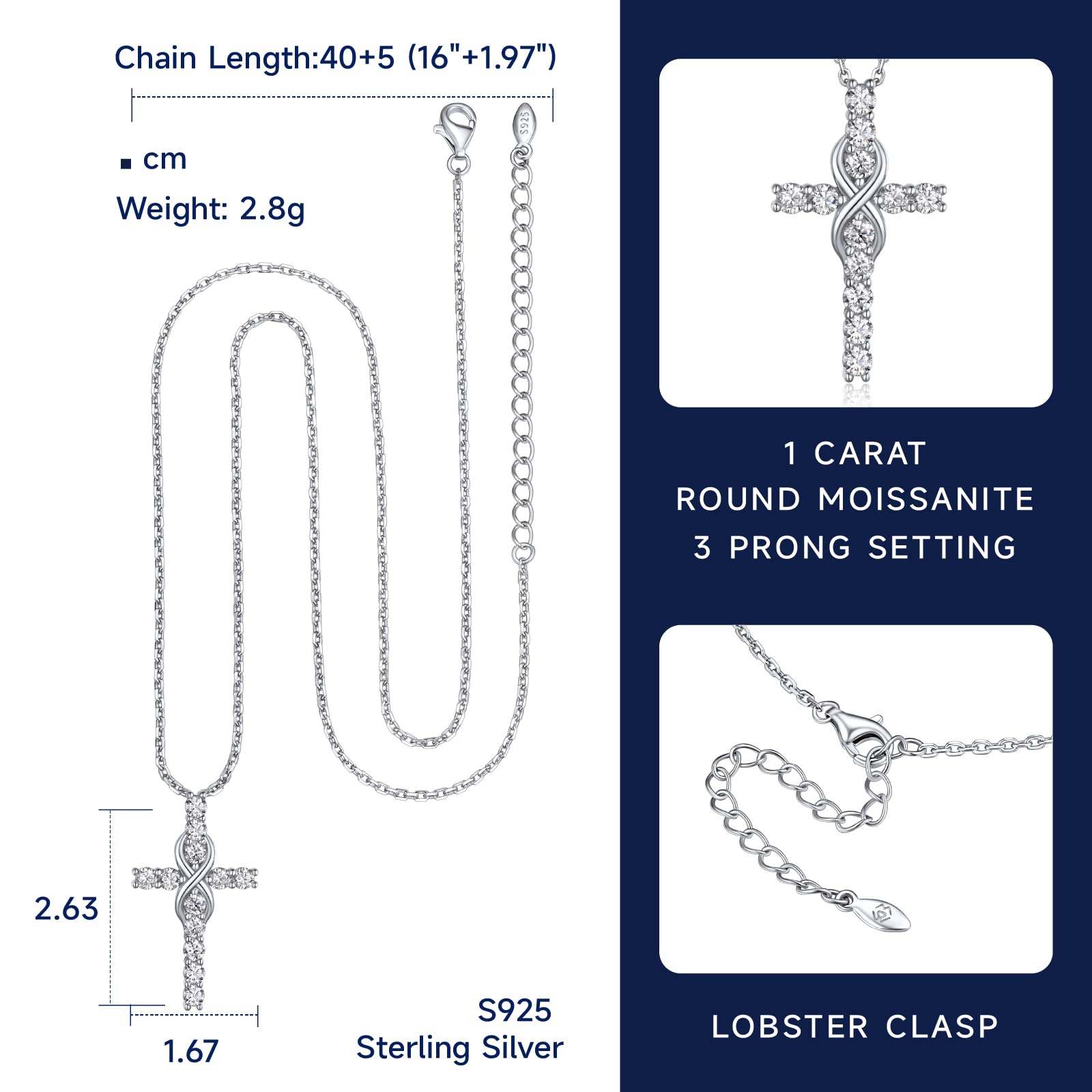 1.2Ct Moissanite Cross Necklace for Women - D Color VVS1 Lab Created Diamond, 925 Sterling Silver Pendant Necklace, Elegant Religious Jewelry Gift for Birthday, Christmas, Anniversary - Perfect for Church, Weddings & Special Occasions