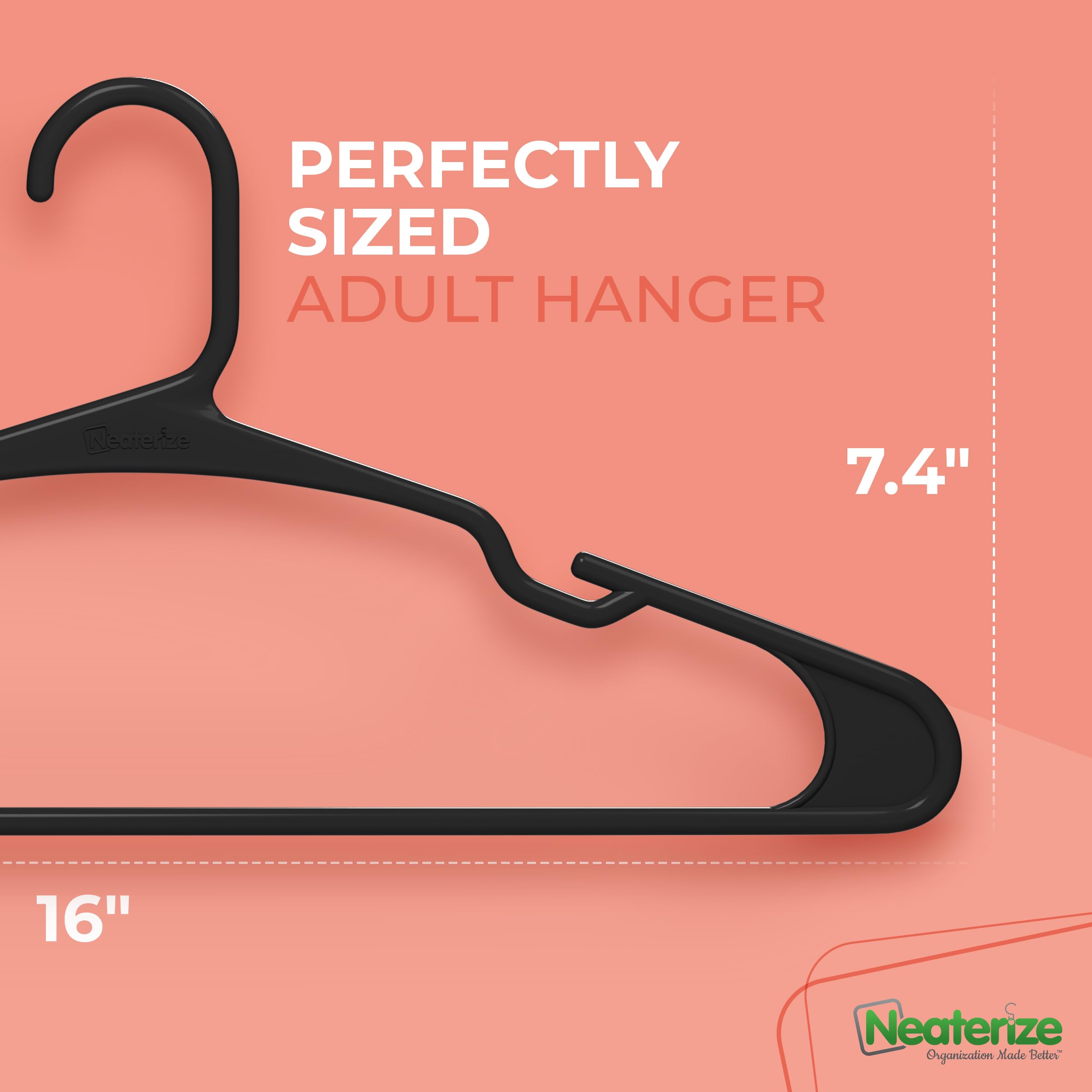 NEATERIZE 100-Pack Plastic Clothes Hangers for Adults - Space Saving Coat Hangers for Closet Organization, Durable Plastic Garment Hangers (Black) - Perfect for Home, Office, and Retail Store Use