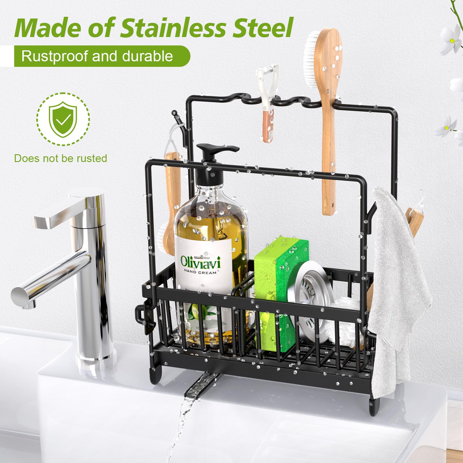 Stainless Steel Kitchen Sink Organizer with Removable Drain Tray & Sponge Holder - Adjustable Partitions, Dishcloth Hanger & Brush Drainer - Perfect for Small Kitchen Organization & Sink Storage (Black) - Ideal for Apartment, RV, and Compact Kitchen Spaces