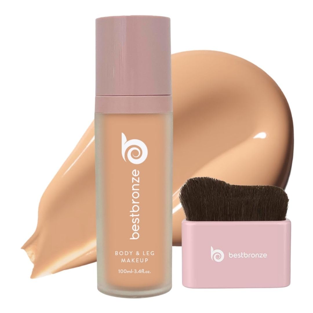 Best Bronze Bombshell Waterproof Leg & Body Makeup Kit - Full Coverage Concealer with Foundation Brush - Natural Tan Shade NC18 for Legs, Scars, Varicose Veins - Perfect for Weddings, Photos, Beach & Special Occasions