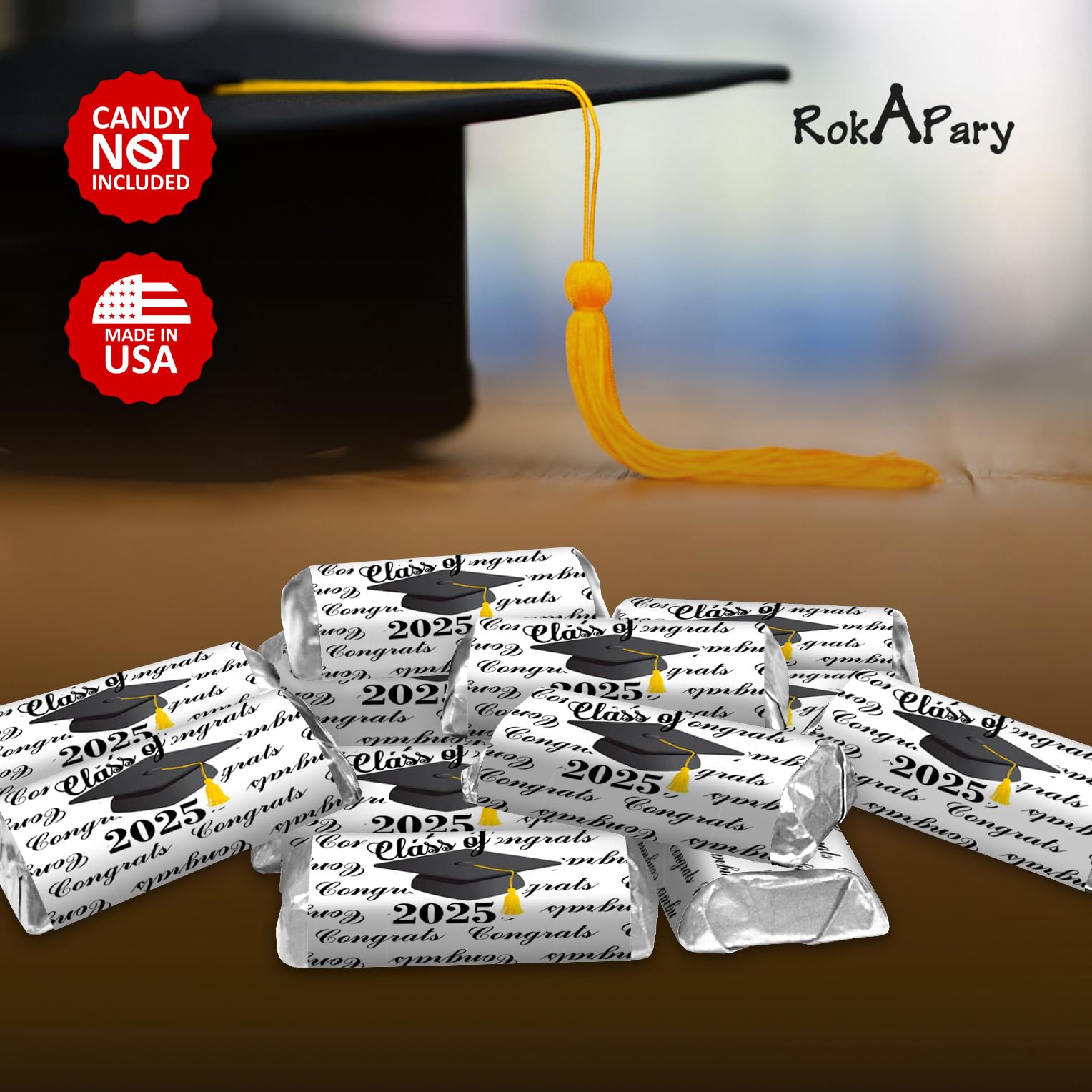 60pcs Class of 2025 Graduation Cap Mini Candy Bar Wrappers - Black Chocolate Bar Stickers & Labels (Candy Not Included) | USA Made | Perfect for Graduation Parties, School Events & Celebration Favors