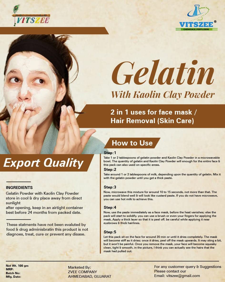 VITSZEE Natural Gelatin & Kaolin Clay Powder for DIY Face Mask, Peel Off Mask & Hair Removal - Glowing Skin Treatment for All Skin Types | 50gm | Perfect for Spa Days, At-Home Beauty Routines & Self-Care Gifts