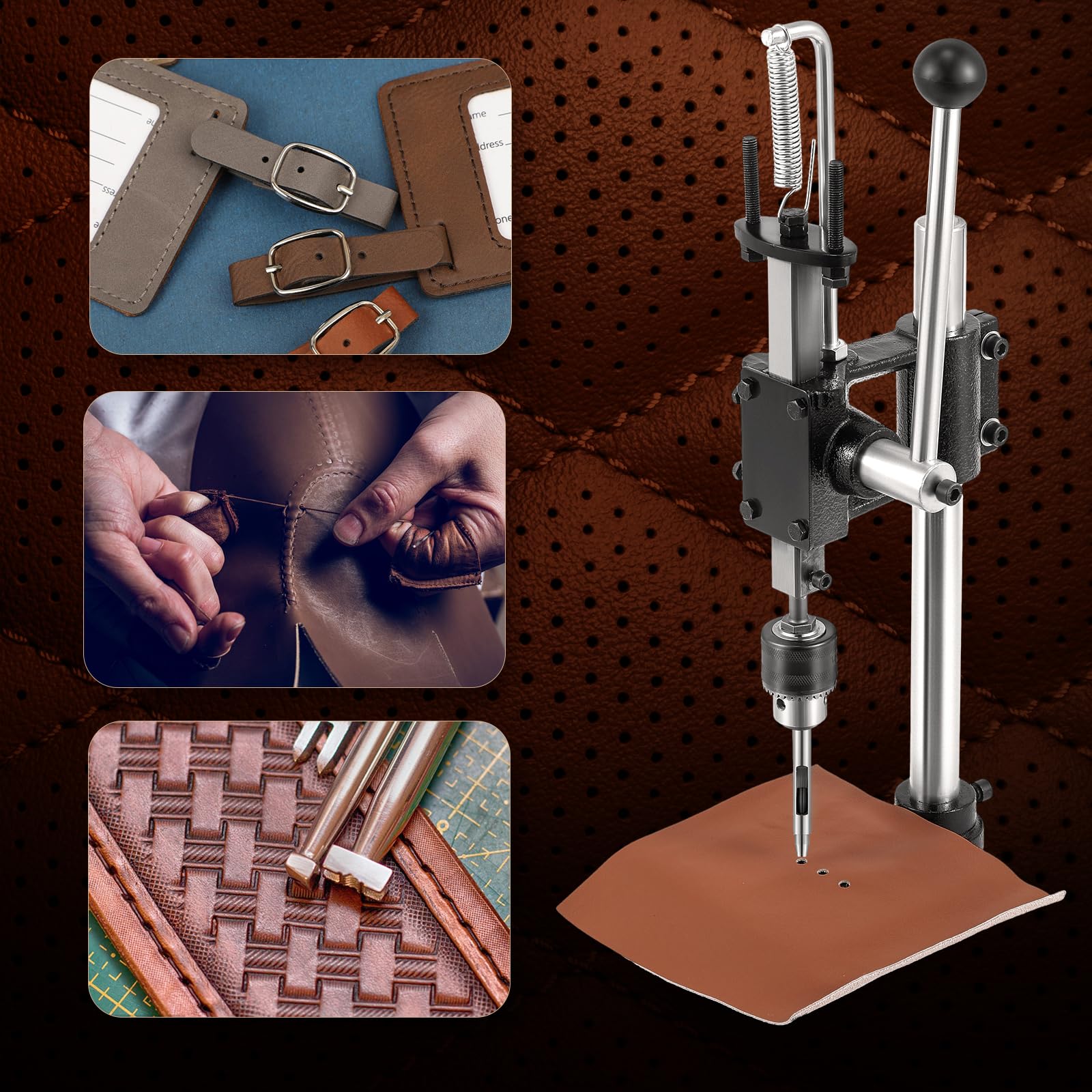 Bonvoisin Leather Hole Punch Tool Set - Manual Leather Press Machine with Punch Tools Chuck, Plastic Plate & Punches for DIY Craft, Leatherworking, and Shoe Repair