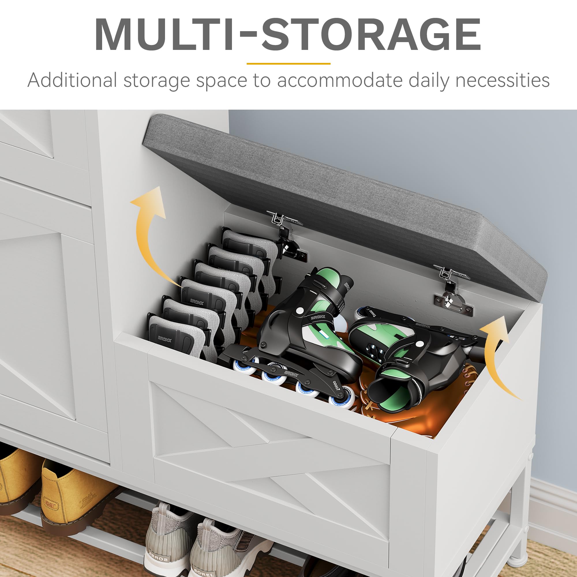 DWVO Farmhouse Shoe Storage Cabinet with 2 Flip Drawers - Holds 16 Pairs of Shoes, Entryway Organizer with Bench Seat | Slim Narrow Design for Hallway, Living Room & Entry | Perfect for Small Spaces & Home Organization (White)