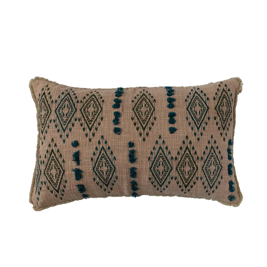 Handmade Natural Linen Embroidered Lumbar Pillow - Boho Home Decor for Sofa, Bed & Office - Teal Blue Throw Pillow for Back Support & Comfort
