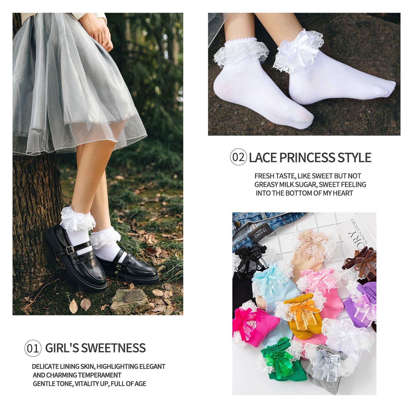 SEMOHOLLI Women's Lace Ruffle Ankle Socks - Comfortable Frilly Princess Socks for Casual Wear, Ballet, and Everyday Outfits