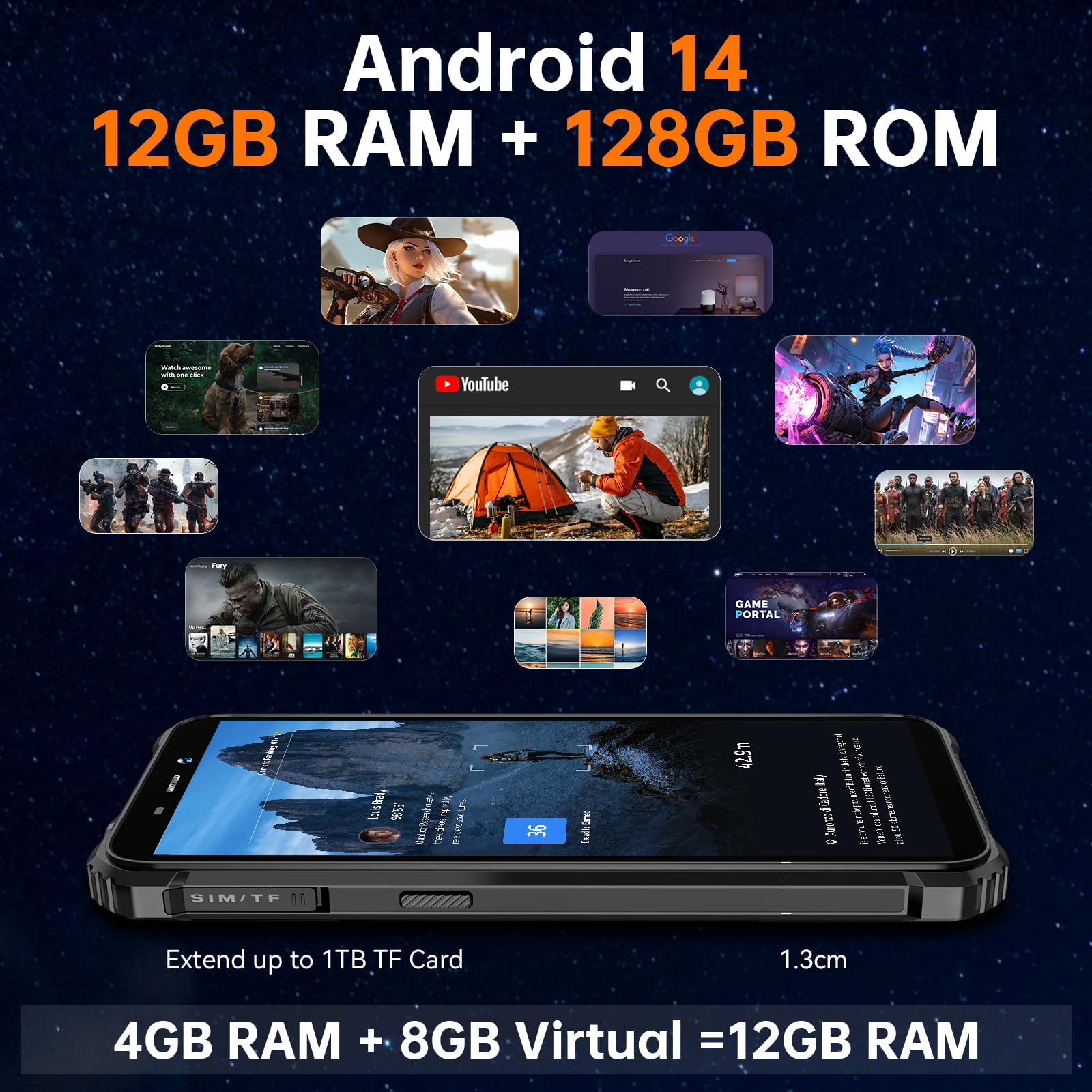 OUKITEL WP32 Rugged Unlocked Smartphone - 12GB RAM 128GB ROM 1TB Expandable, Android 14, 6300mAh Battery, 20MP+5MP Dual Camera, 6.0