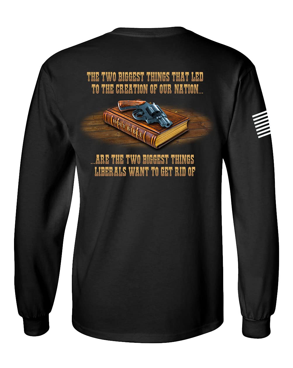 Patriotic American Flag Sleeve Graphic Tee for Men - Gun & Holy Bible Design - USA Pride Collection - Perfect for 4th of July, Veterans Day & Patriotic Events