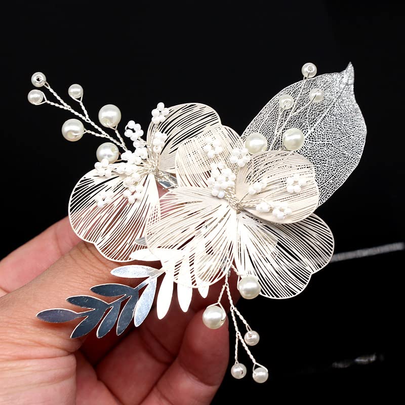 Golden Silver Pearl Wedding Hair Clips - Bridal Hair Accessories with Flower Leaves for Women - Perfect for Bridal Shower, Wedding Ceremony & Formal Events