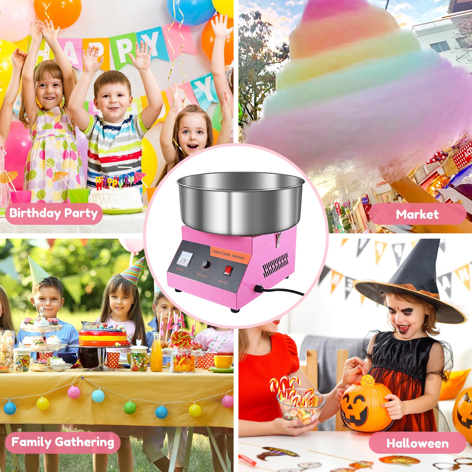 Commercial Cotton Candy Machine 1000W - Stainless Steel Bowl & Sugar Scoop - Easy & Safe Cotton Candy Maker for Kids, Home, Party, Birthday, Festival - Perfect for Carnival, Fair, and Event Concessions