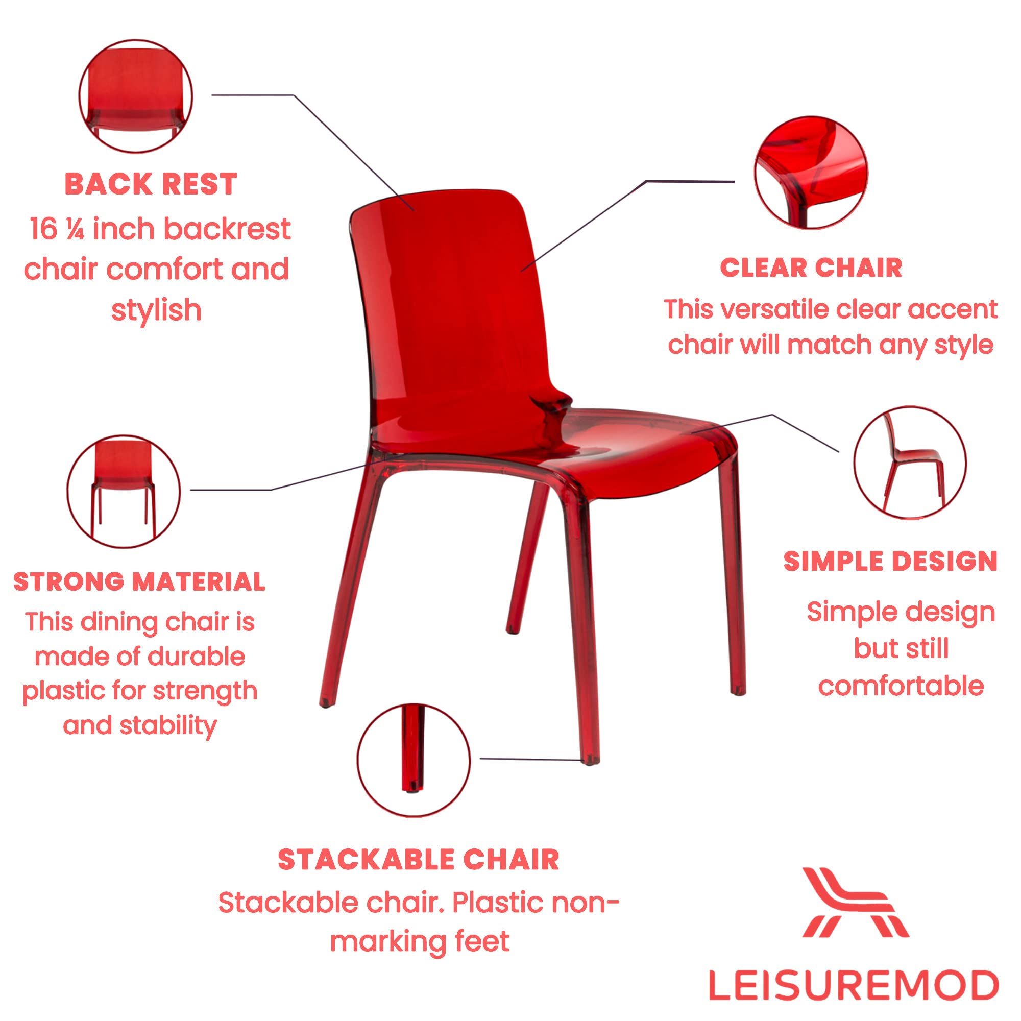 LeisureMod Adler Mid-Century Modern Dining Chair Set of 2 - Transparent Red Acrylic Contemporary Design for Kitchen, Dining Room & Home Decor | Perfect for Modern Interior, Restaurant Style Seating & Entertaining Guests