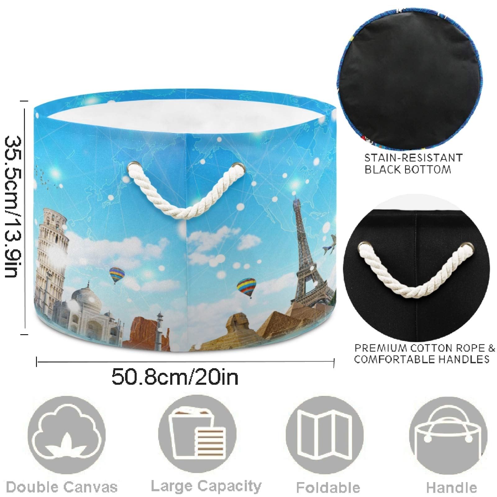 Visesunny Collapsible Storage Basket - World Landmarks Themed Nursery Hamper for Clothes, Toys & Laundry | Organizer Bin for Kids Room, Playroom, Bathroom, Living Room, Dorm & Office | Perfect for Home Organization & Space Saving