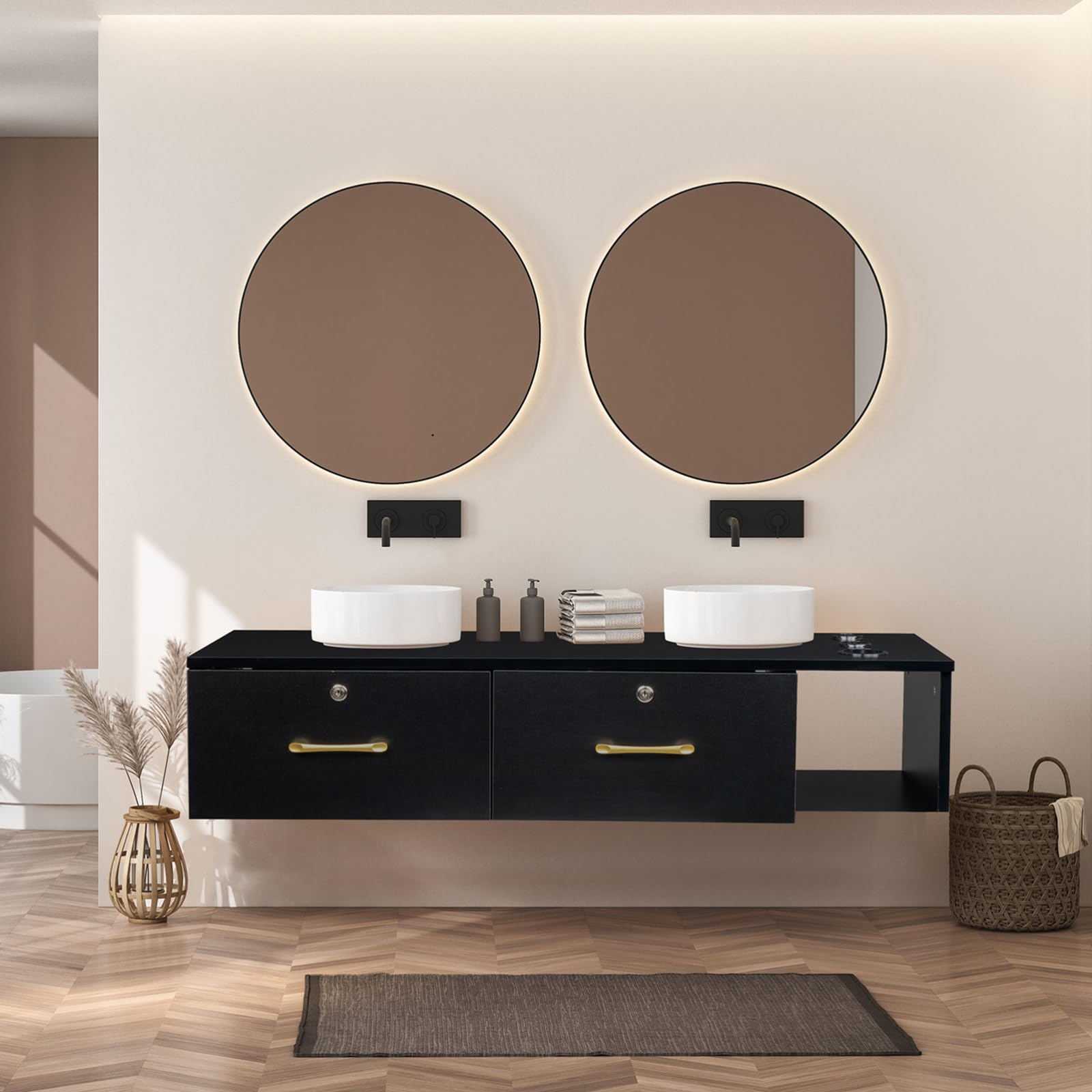 Wall Mount Salon Station - Barber Styling Station with 2 Locking Drawers & 3 Holes, Floating Makeup Vanity for Beauty Salon, Barber Shop & Bathroom Organization - Black (Perfect for Small Spaces & Professional Grooming Areas)