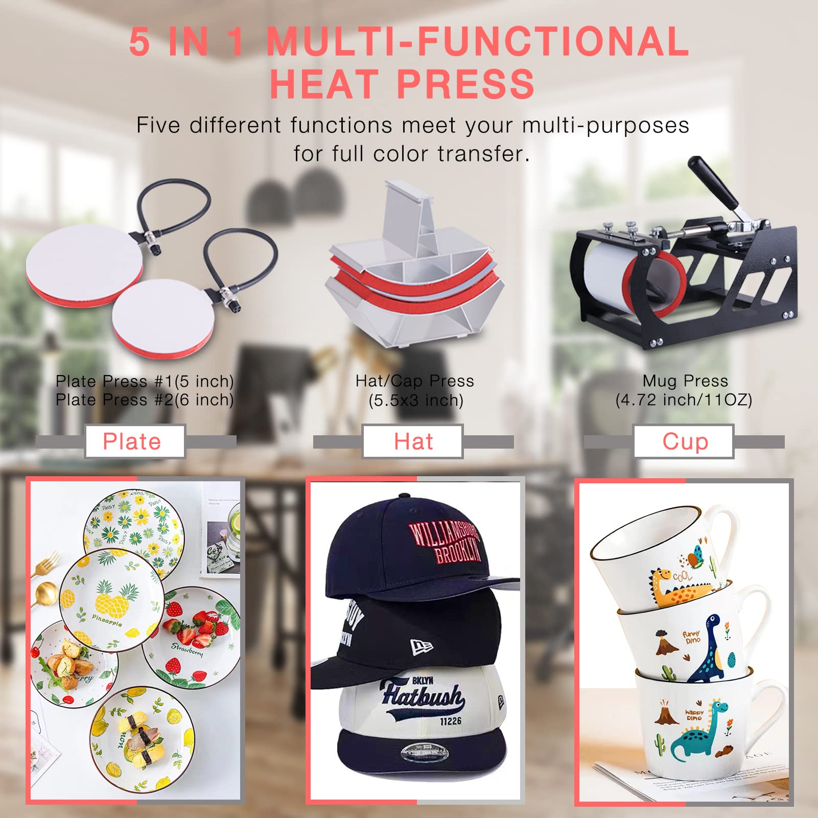 OIIEE 5-in-1 Heat Press Machine Combo - 12x15 Inch Digital T-Shirt Printer with 360° Swing Away, Sublimation Heat Transfer for Shirts, Mugs, Hats & Plates | Perfect for DIY Custom Apparel, Personalized Gifts & Small Business Printing