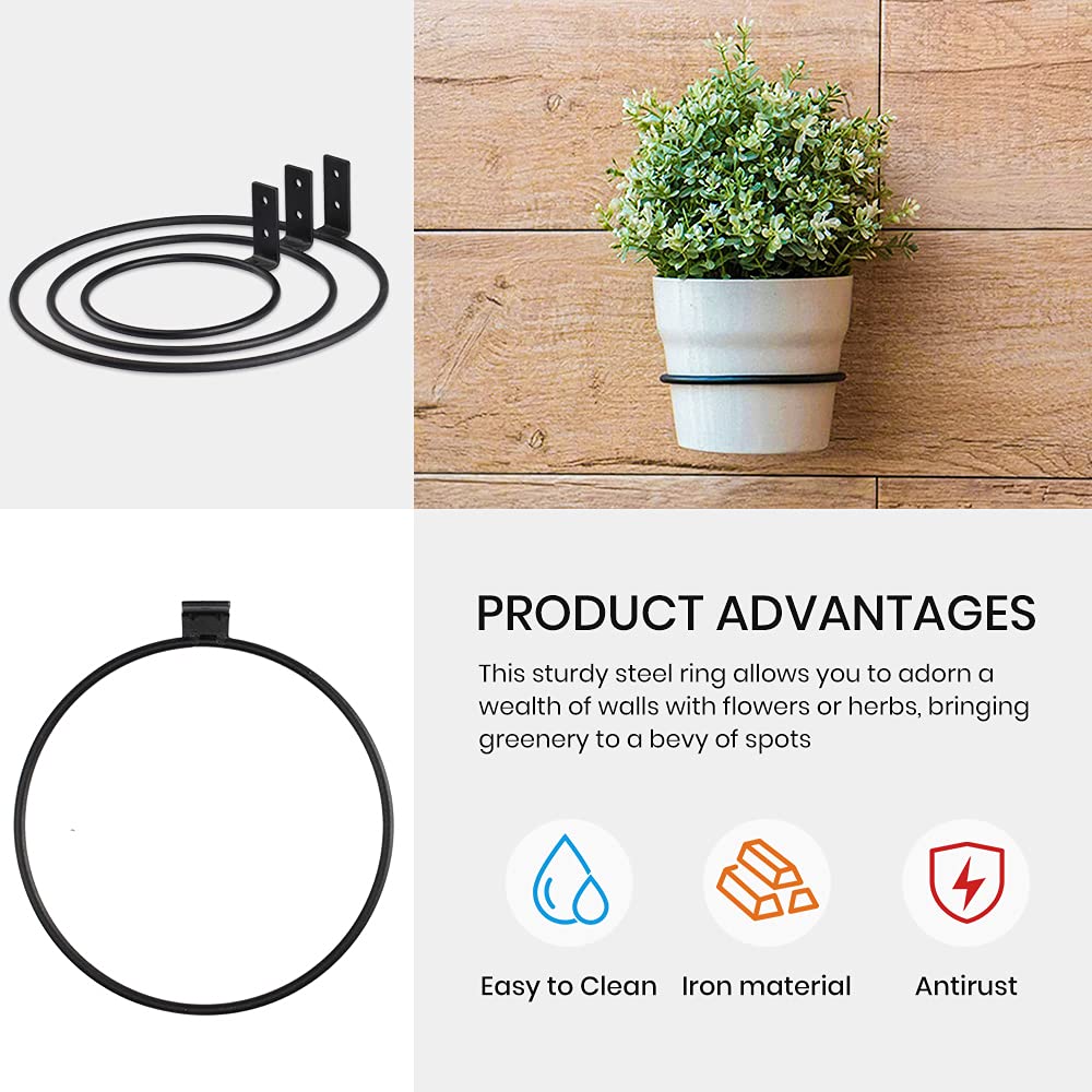 TreeLen 4 Inch Metal Wall Mounted Plant Holder Rings - 3 Pack Black Hooks for Flower Pots, Succulents & Hanging Plants | Perfect for Indoor & Outdoor Garden Decor, Balcony, Patio, and Home Organization