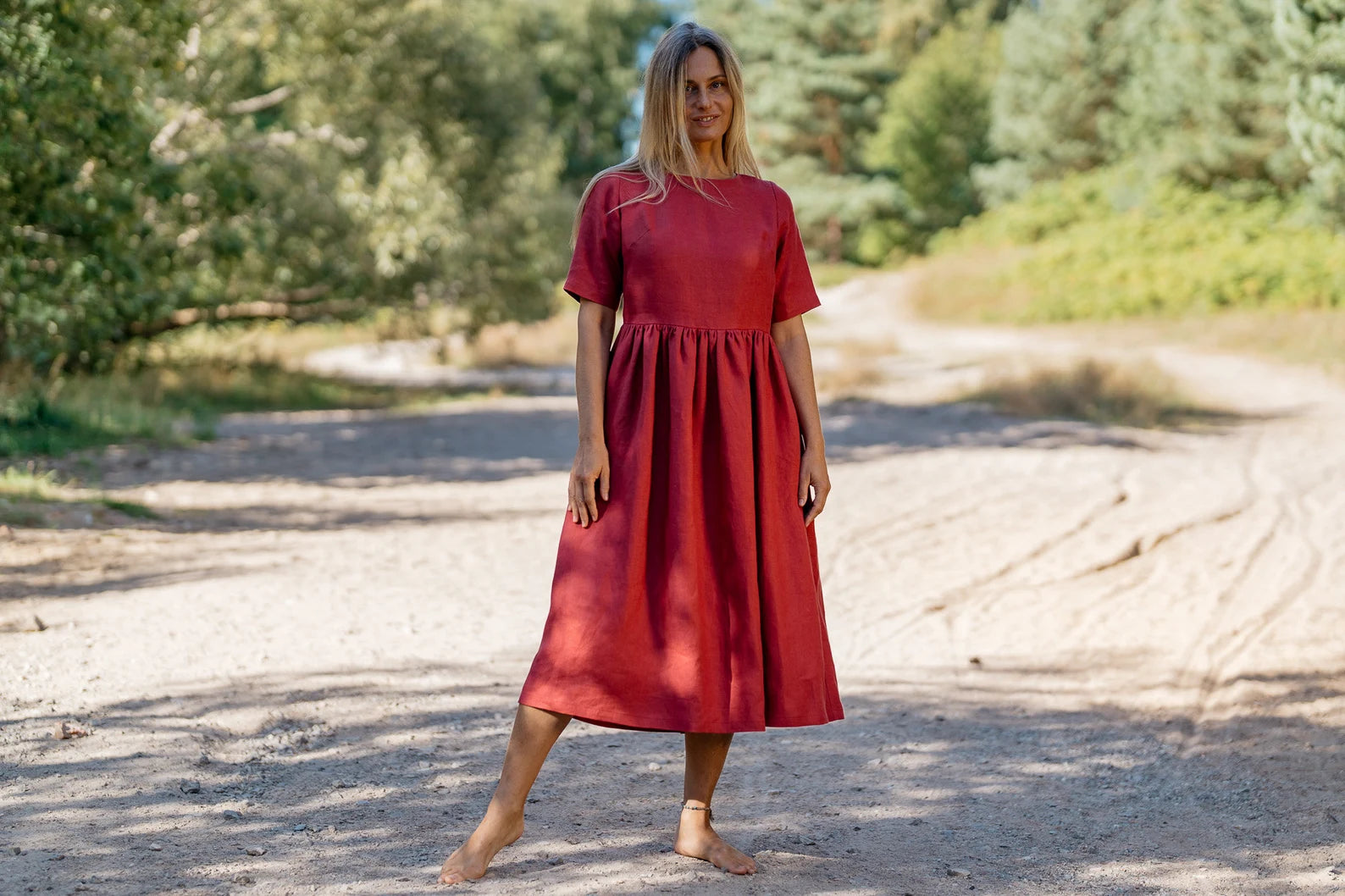 Blue Sky Linen Loose Dress in Raspberry - Comfortable Summer Maxi Dress for Beach, Vacation and Casual Wear