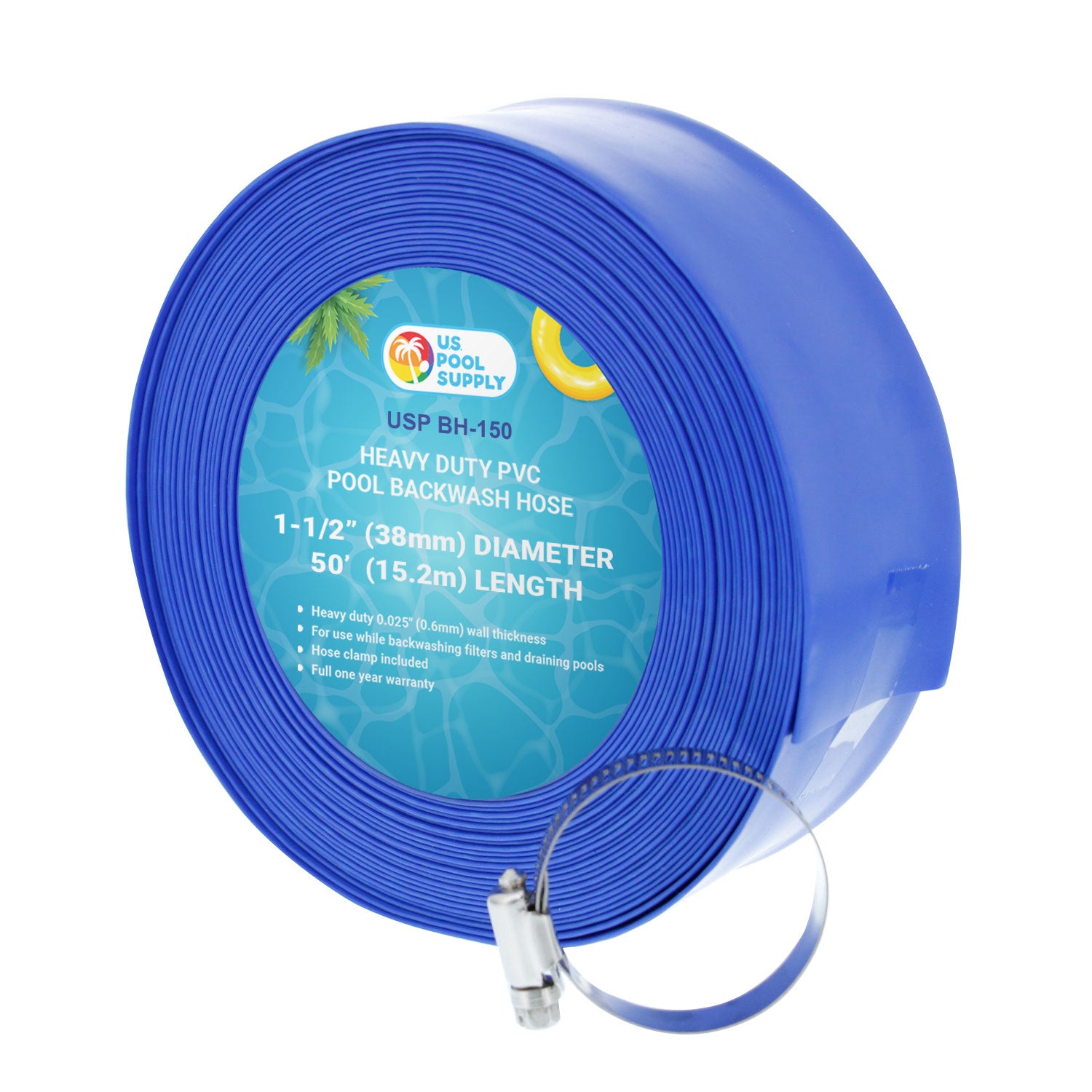 Heavy Duty 1.5 Inch x 50ft Blue Backwash Hose for Swimming Pools with Hose Clamp | Durable Pool Maintenance Equipment for Water Filtration & Cleaning | Perfect for Inground & Above Ground Pools