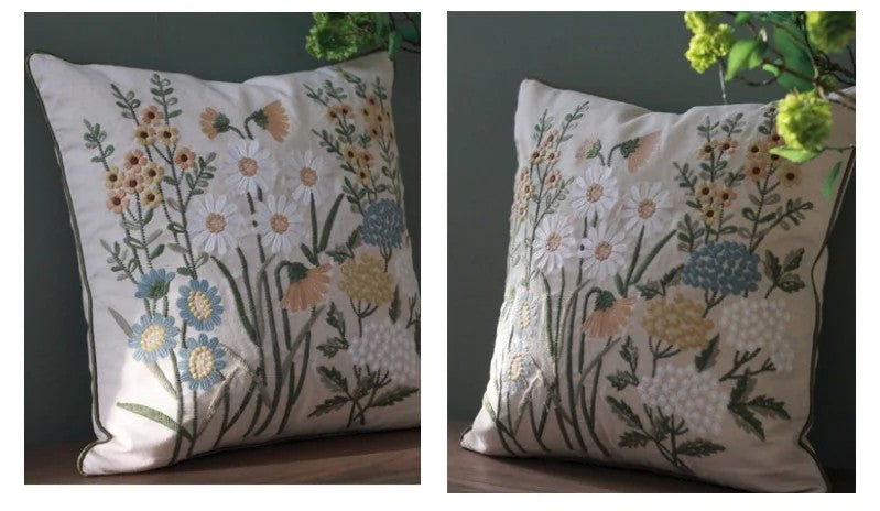 Farmhouse Style Embroidered Floral Cotton Throw Pillow Covers - Decorative Sofa Cushions for Living Room, Bedroom & Outdoor Porch Decor